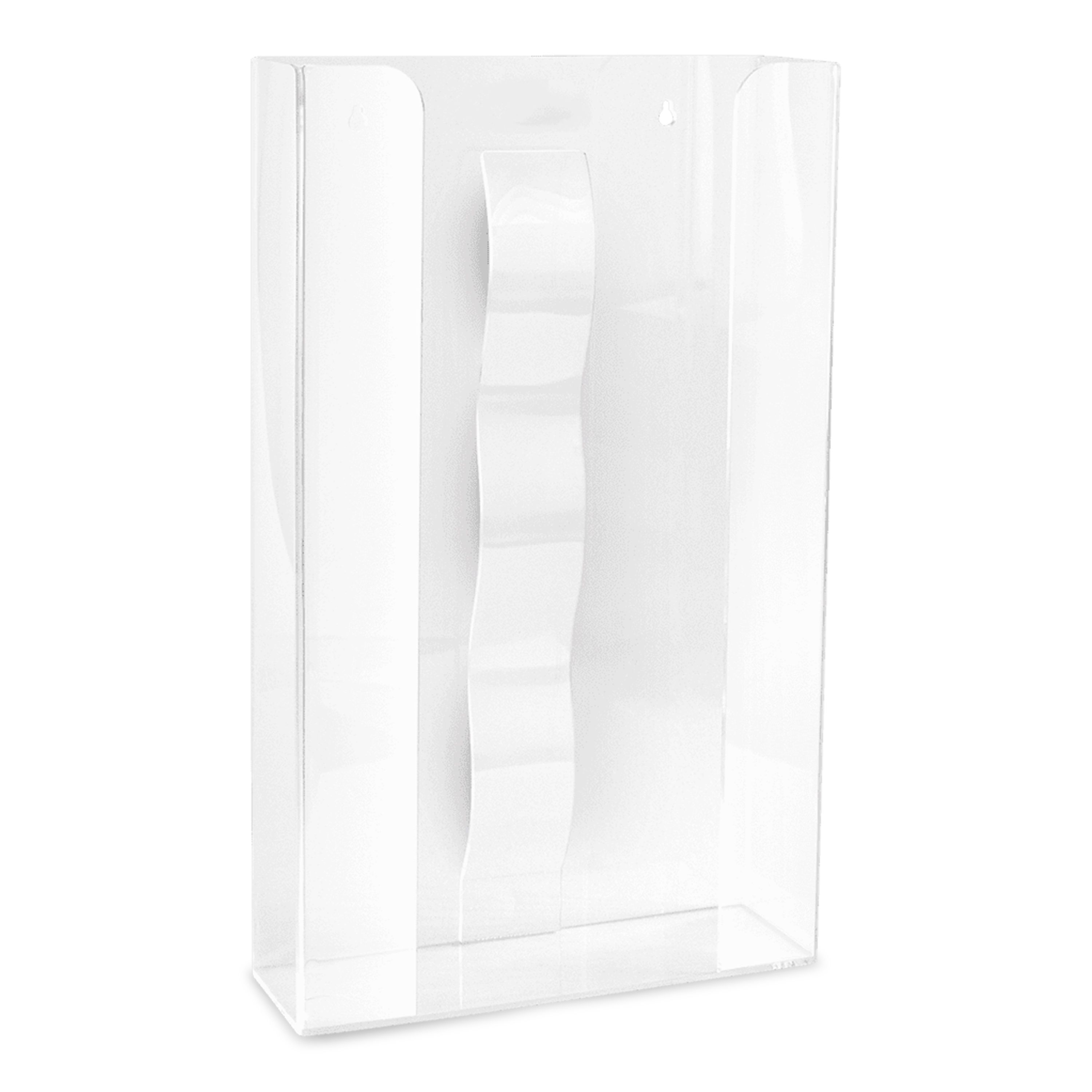 Transparente Acryl-Handschuhhalterung mit Feder. Rechteckige Form mit gewelltem Halterungsband.