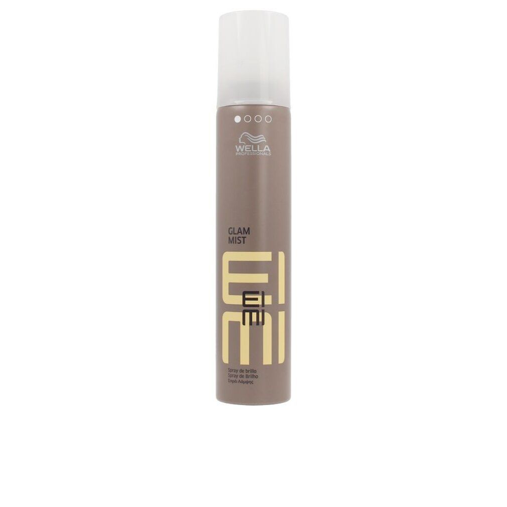 Braune Sprühflasche mit weißem Deckel. Aufschrift: Wella, Glam Mist, Eimi. Glanzspray.