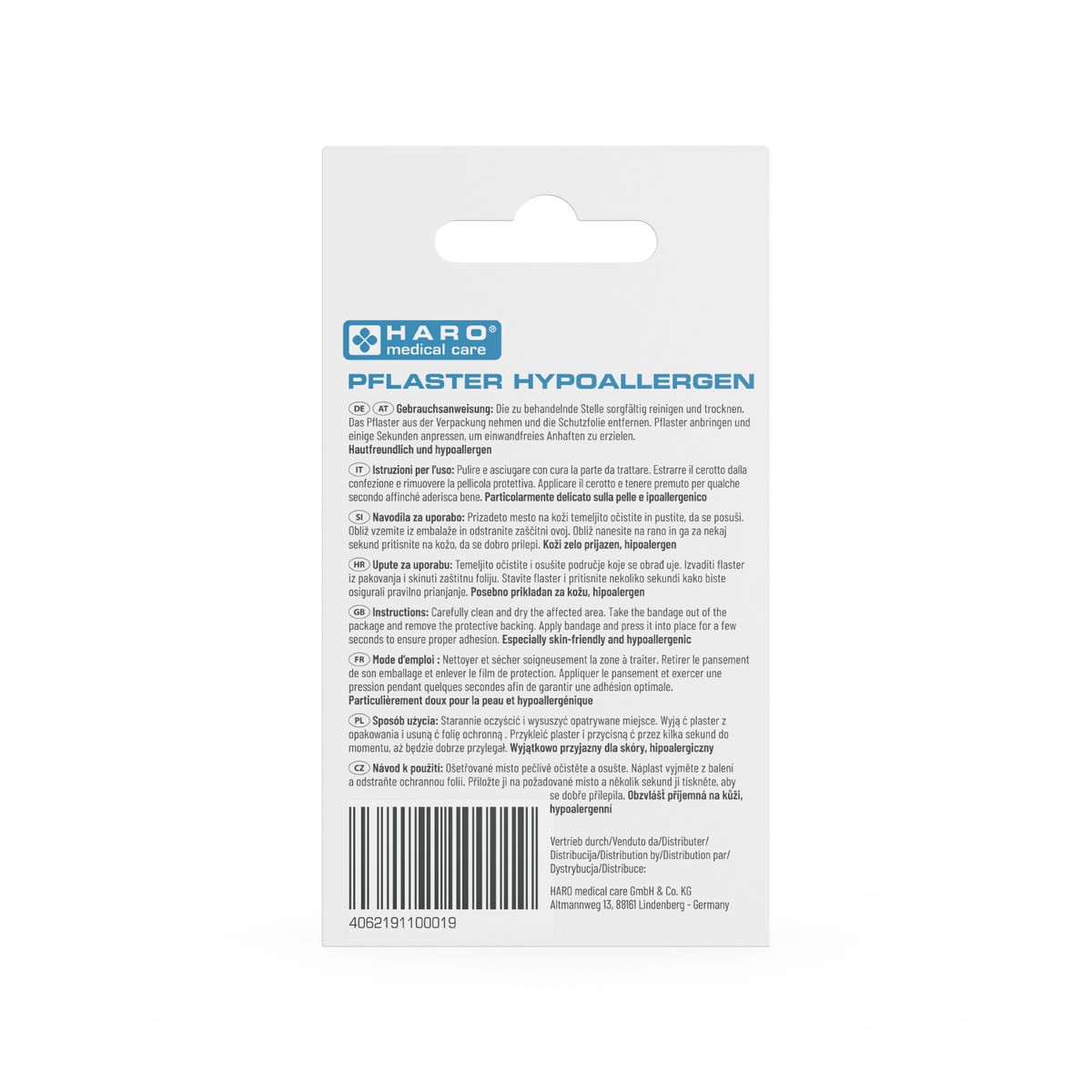 Rückseite der Haro Pflaster hypoallergen Verpackung. Text in mehreren Sprachen. Barcode und CE-Zeichen.