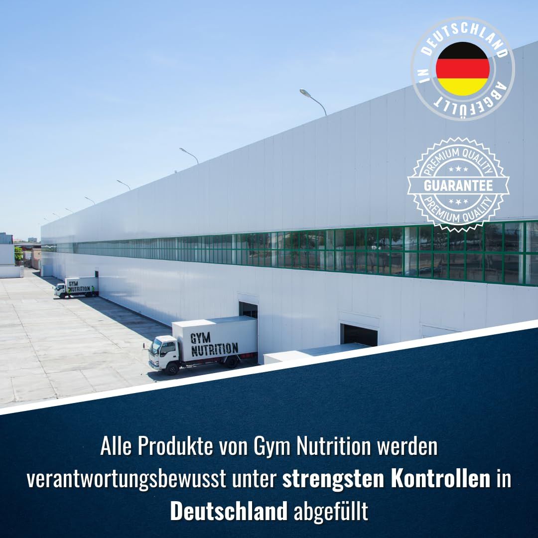 Lagerhalle mit LKW. Text: Alle Produkte von Gym Nutrition werden verantwortungsbewusst in Deutschland abgefüllt.