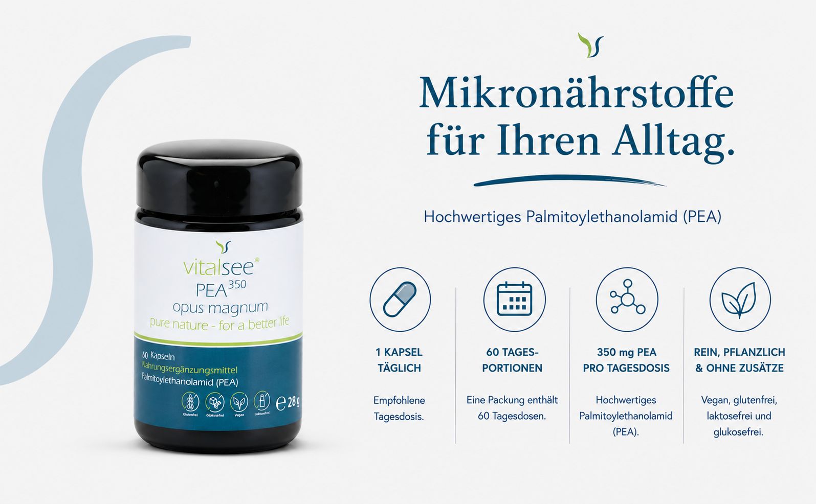 Dunkelblauer Behälter mit Vitalsee PEA 150 Etikett. Enthält 60 Kapseln.