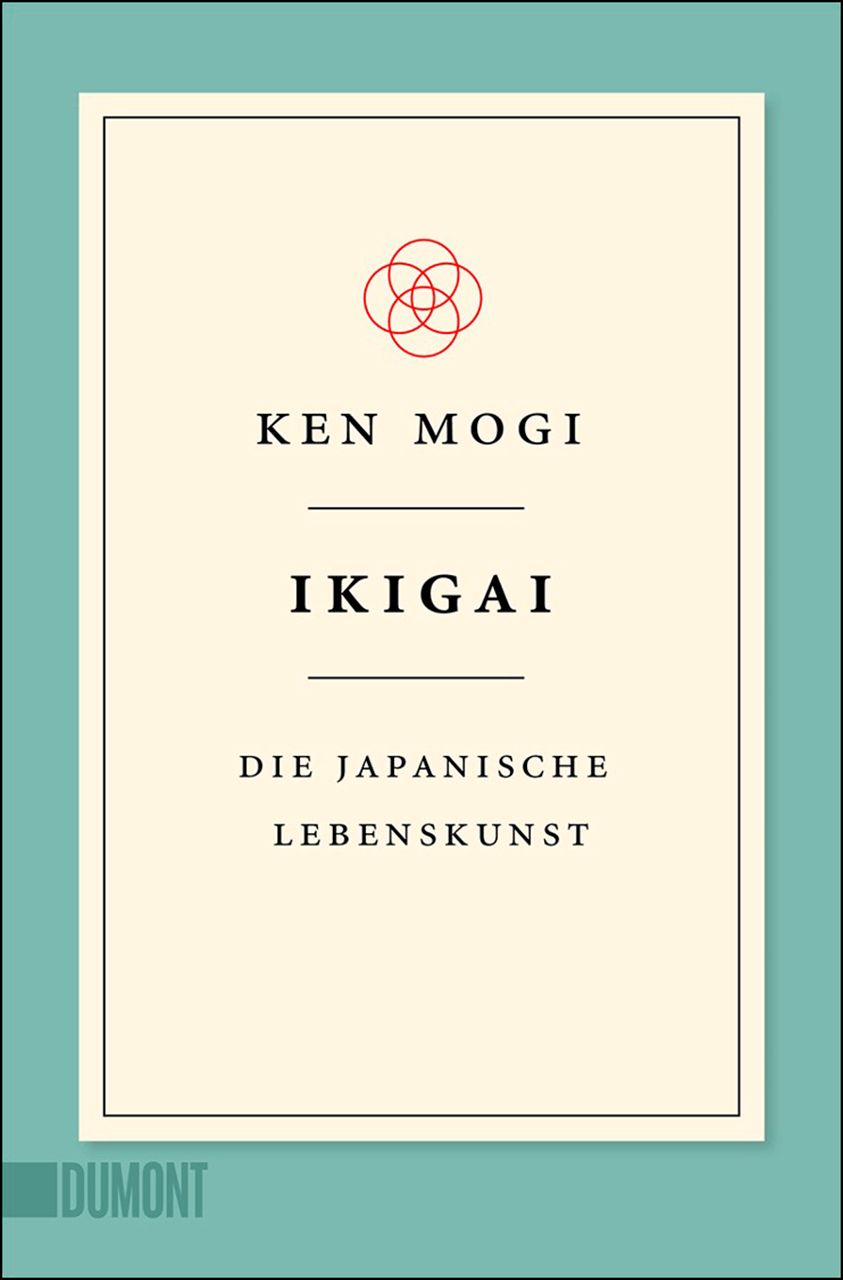 Buchcover mit Titel "Ikigai". Autor: Ken Mogi. Roter Kreis-Symbol. Verlag Dumont.