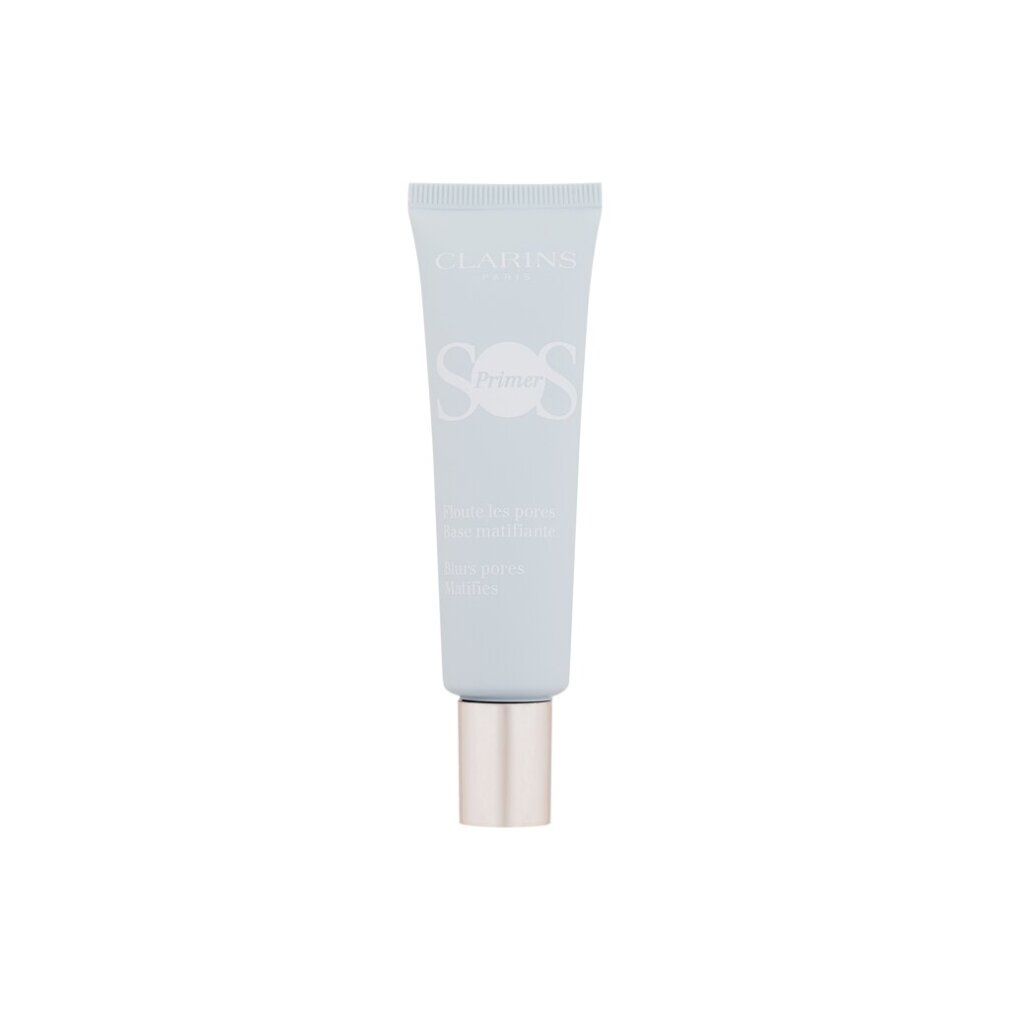 Hellblauer Clarins SOS Primer. Text: Floute les pores, base matifiante, blurs pores, mattifies.