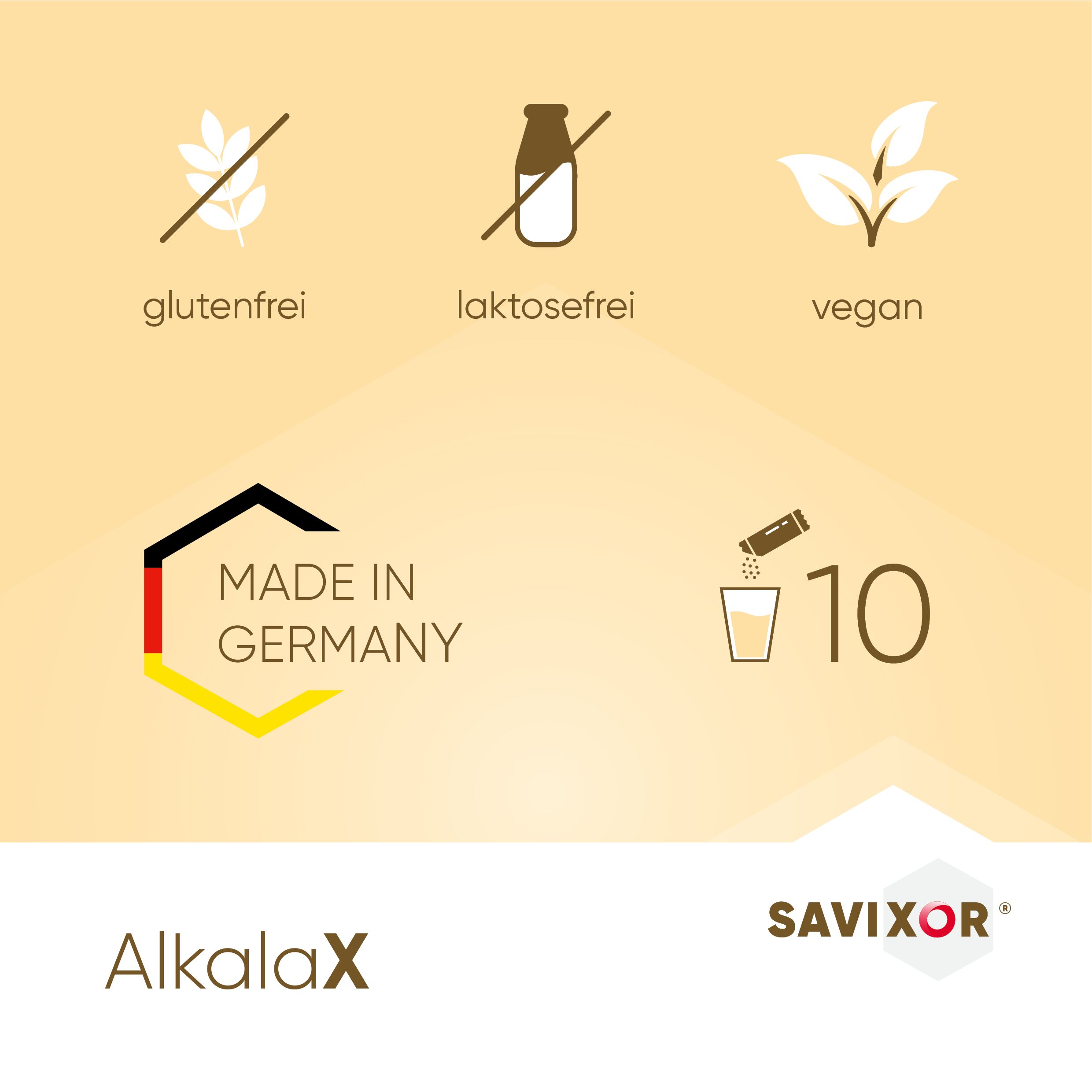 Symbole für glutenfrei, laktosefrei, vegan. Made in Germany. Text: AlkalaX, Savixor, 10 Portionen.