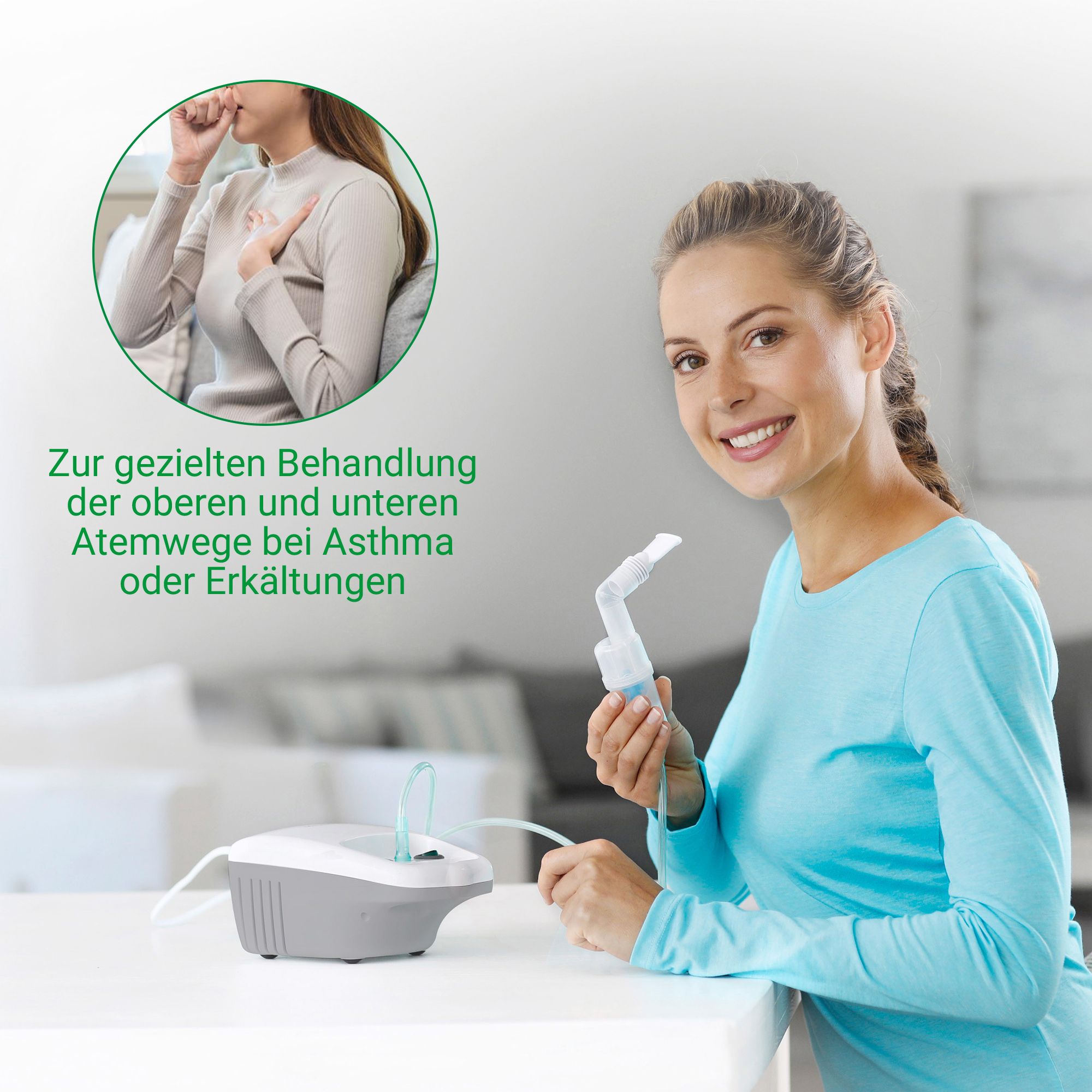 Frau mit Medisana IN 540 Inhalator, zur gezielten Behandlung der Atemwege.