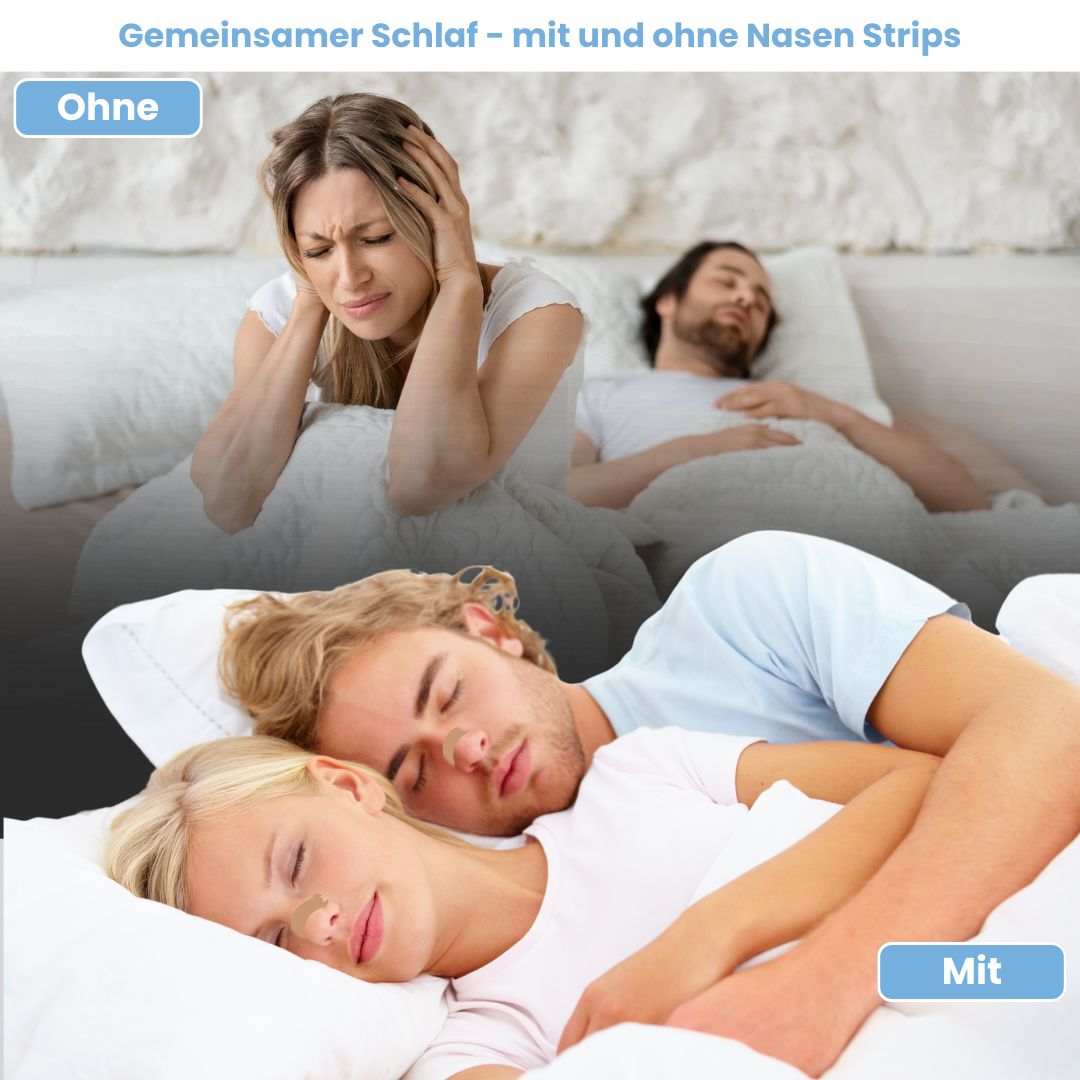 Vergleich: Schlafen mit und ohne Nasen Stripes. Frau mit Kopfschmerzen, Mann schläft. Paar schläft friedlich mit Nasen Stripes.
