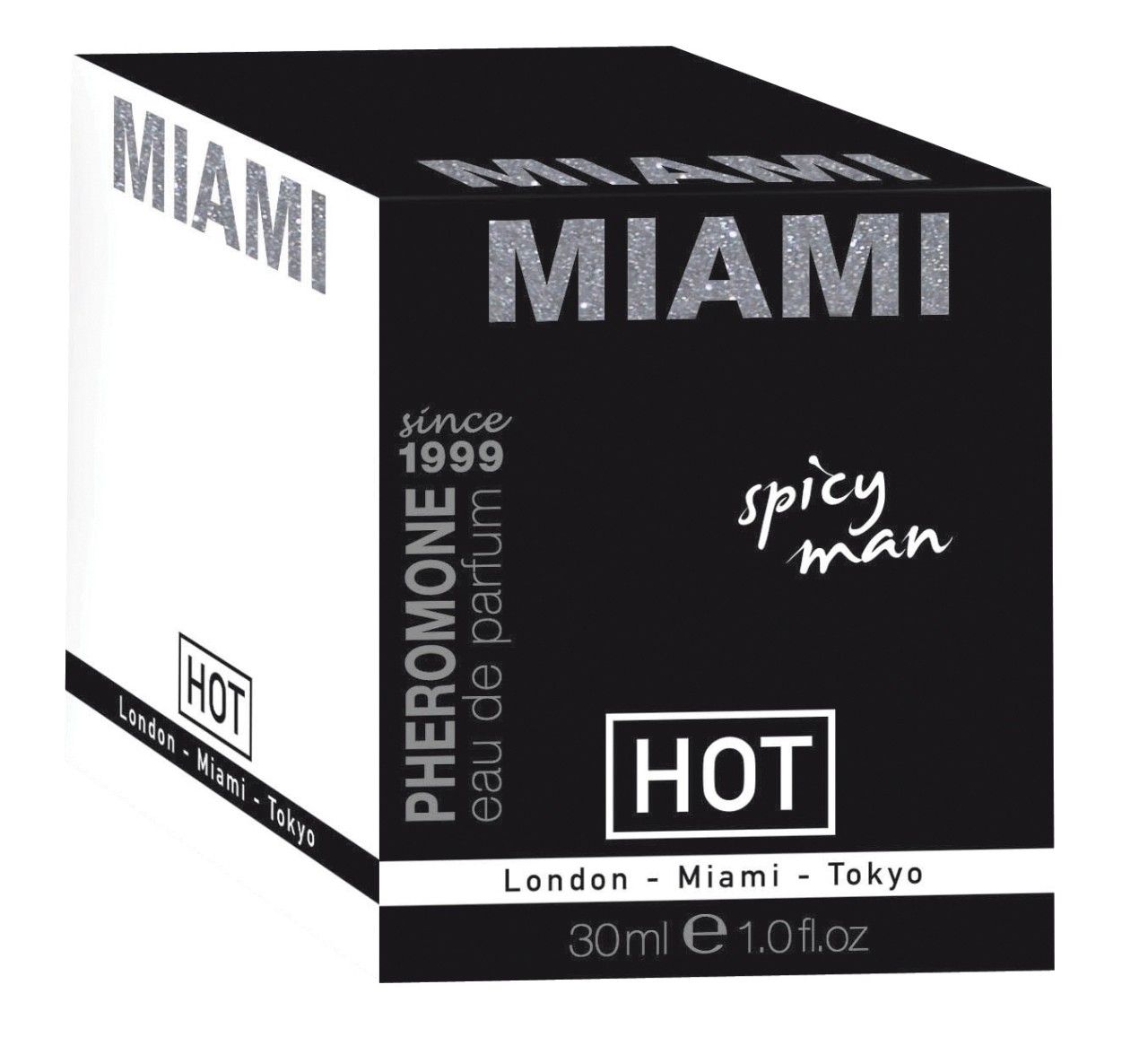 Schwarze Verpackung mit silbernem MIAMI-Schriftzug. Text: PHEROMONE eau de parfum, spicy man, 30ml.