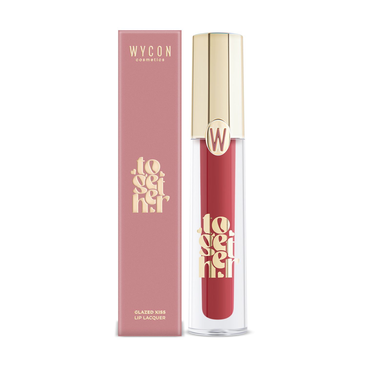 Lucidalabbra rosso con confezione. Confezione rosa con scritta "WYCON". Lucidalabbra in tubo trasparente con tappo dorato.