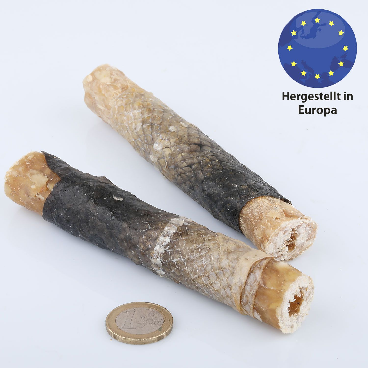 Zwei gerollte Kausnacks aus Lachs. Dunkle, schuppige Haut umgibt helles Fleisch. Mit Euro-Münze.