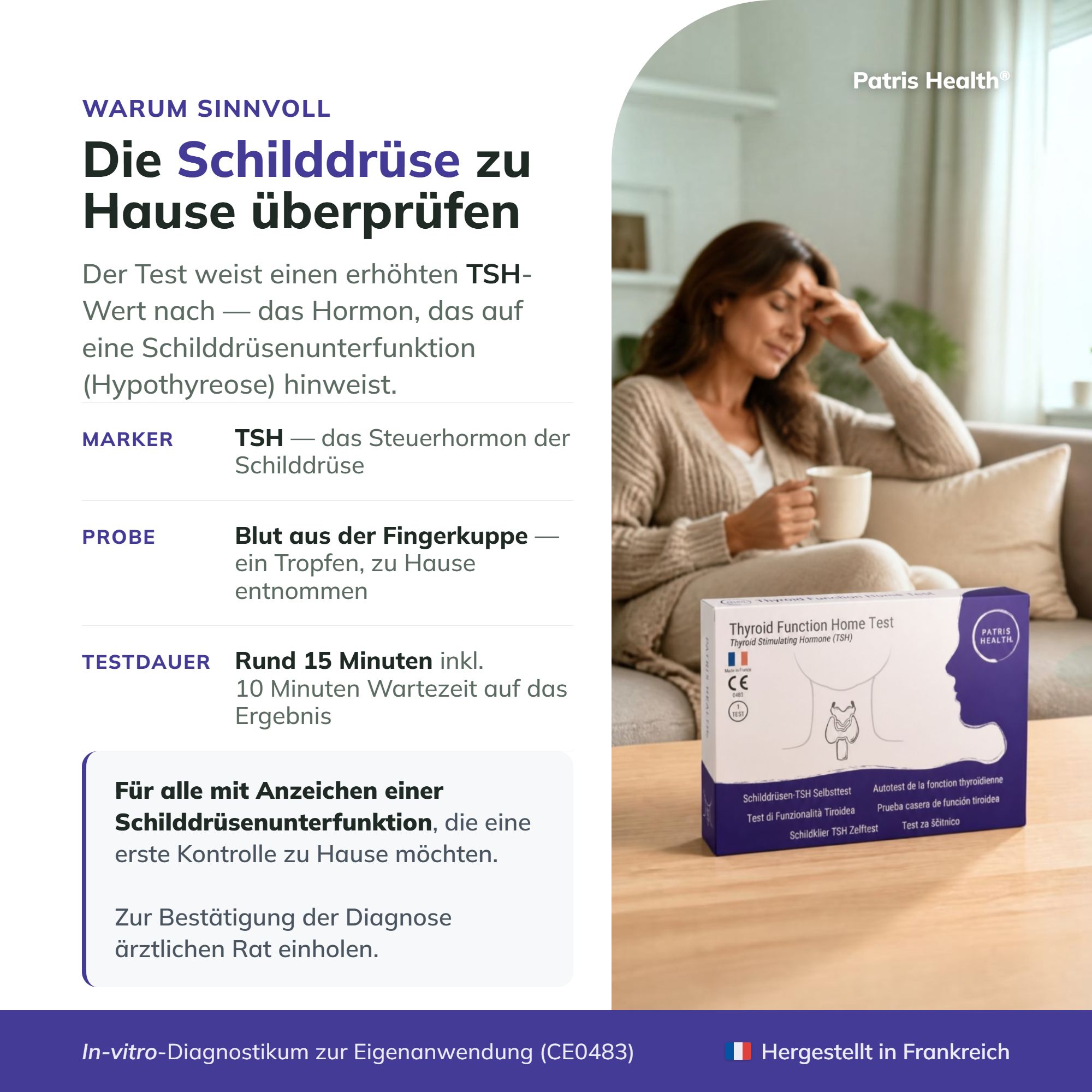 Frau mit Kopfschmerzen, hält eine Tasse, neben der Verpackung des Schilddrüsen-TSH-Selbsttests.