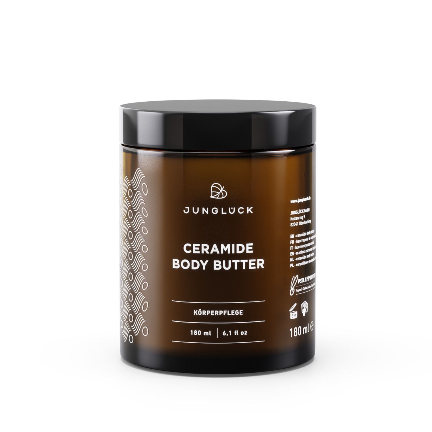 Braune Glasdose mit schwarzem Deckel. Aufschrift: JUNGLÜCK Ceramide Body Butter, 180 ml.