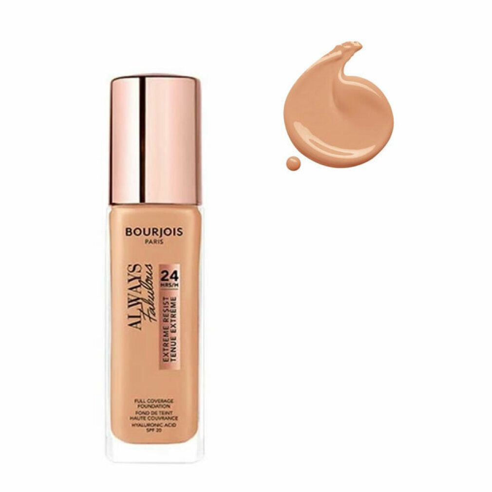 Foundation-Flakon und Farbmuster. Marke Bourjois, Schriftzug Always Fabulous, 24H, SPF 20.