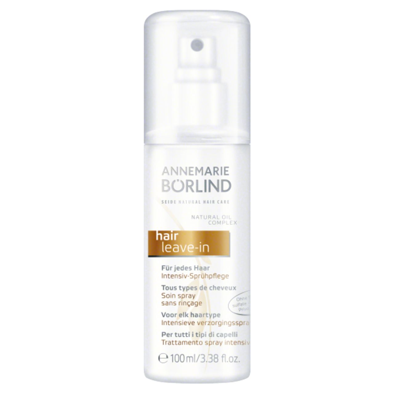 Weißes Spray mit Sprühkopf. Aufschrift: ANNEMARIE BÖRLIND, hair leave-in. Mehrsprachige Produktinformationen.