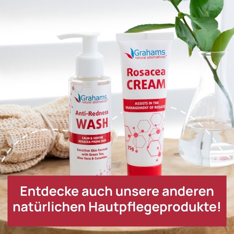 Zwei Produkte: Anti-Rötungswaschmittel und Rosazea Creme. Beide Produkte haben das Logo von Grahams.
