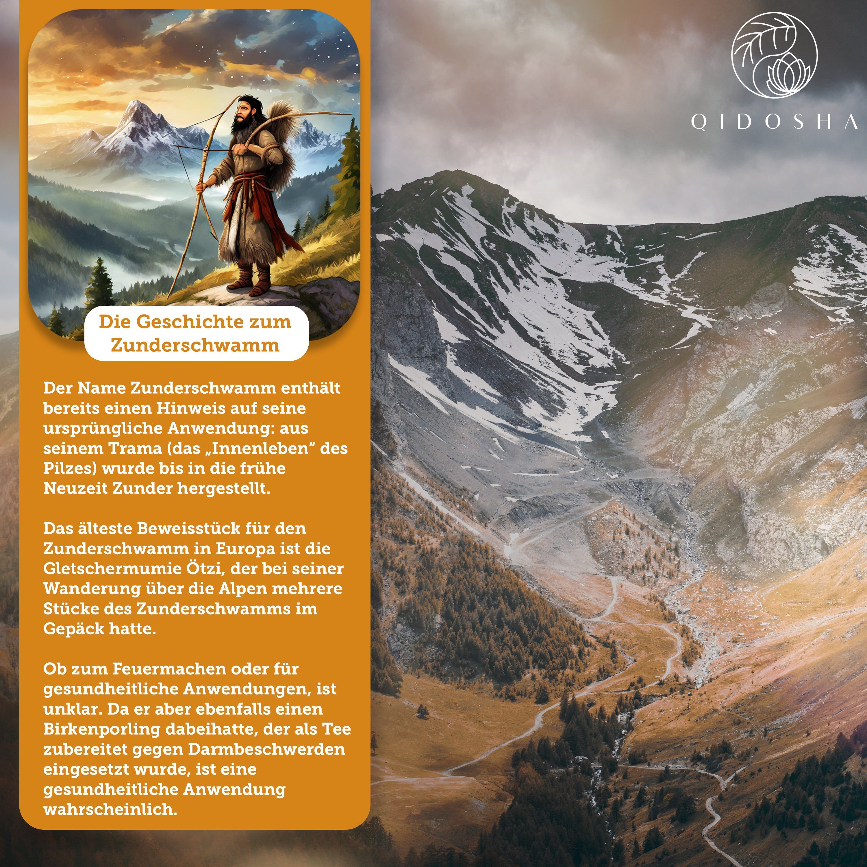 Historische Darstellung eines Bogenschützen in Berglandschaft, Bezug zu Zunderschwamm.