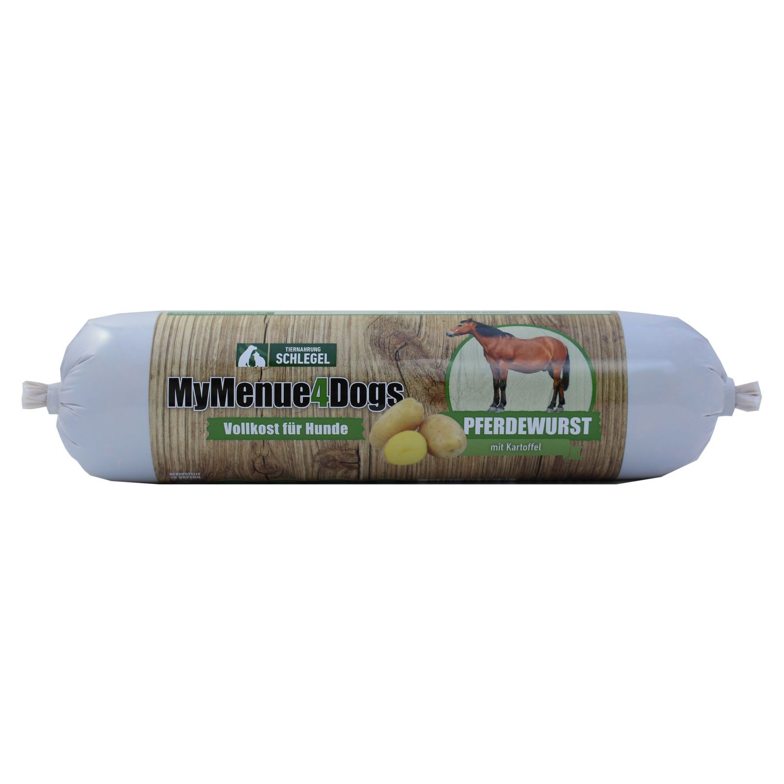 Wurst für Hunde. Verpackung mit Aufdruck: MyMenue4Dogs, Pferdewurst, Kartoffeln und Pferdeabbildung.