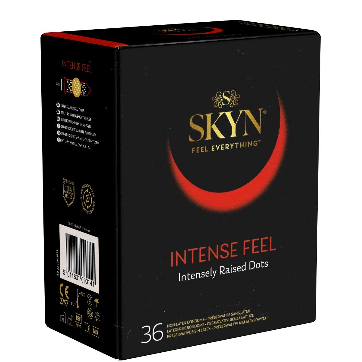Schwarze Verpackung mit SKYN-Logo und rotem Halbkreis. Aufschrift: INTENSE FEEL, 36 Stück. Zertifizierungen.