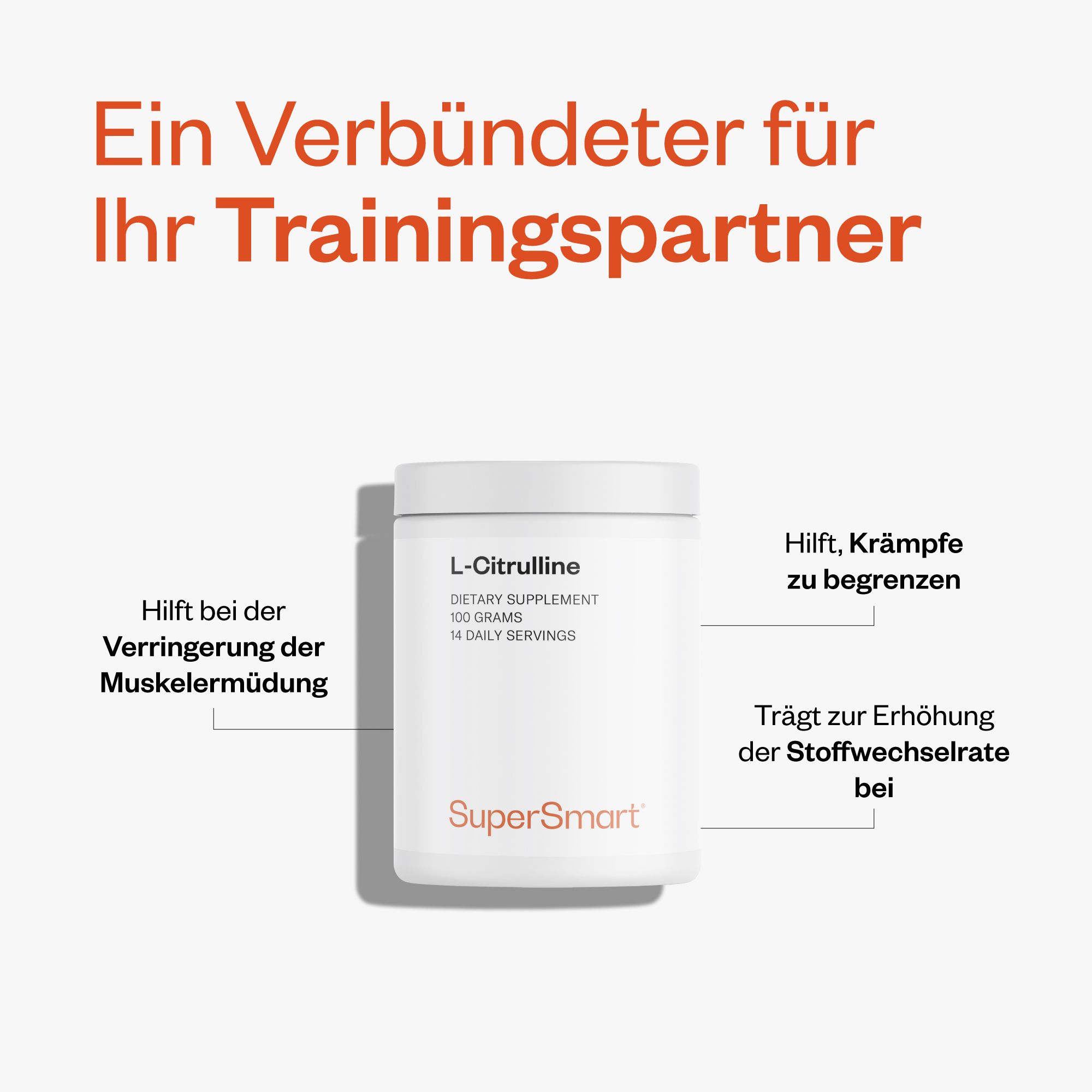 Weißes L-Citrullin-Behälter. Hilft bei Muskelermüdung, Krämpfen und Stoffwechsel. Marke SuperSmart.