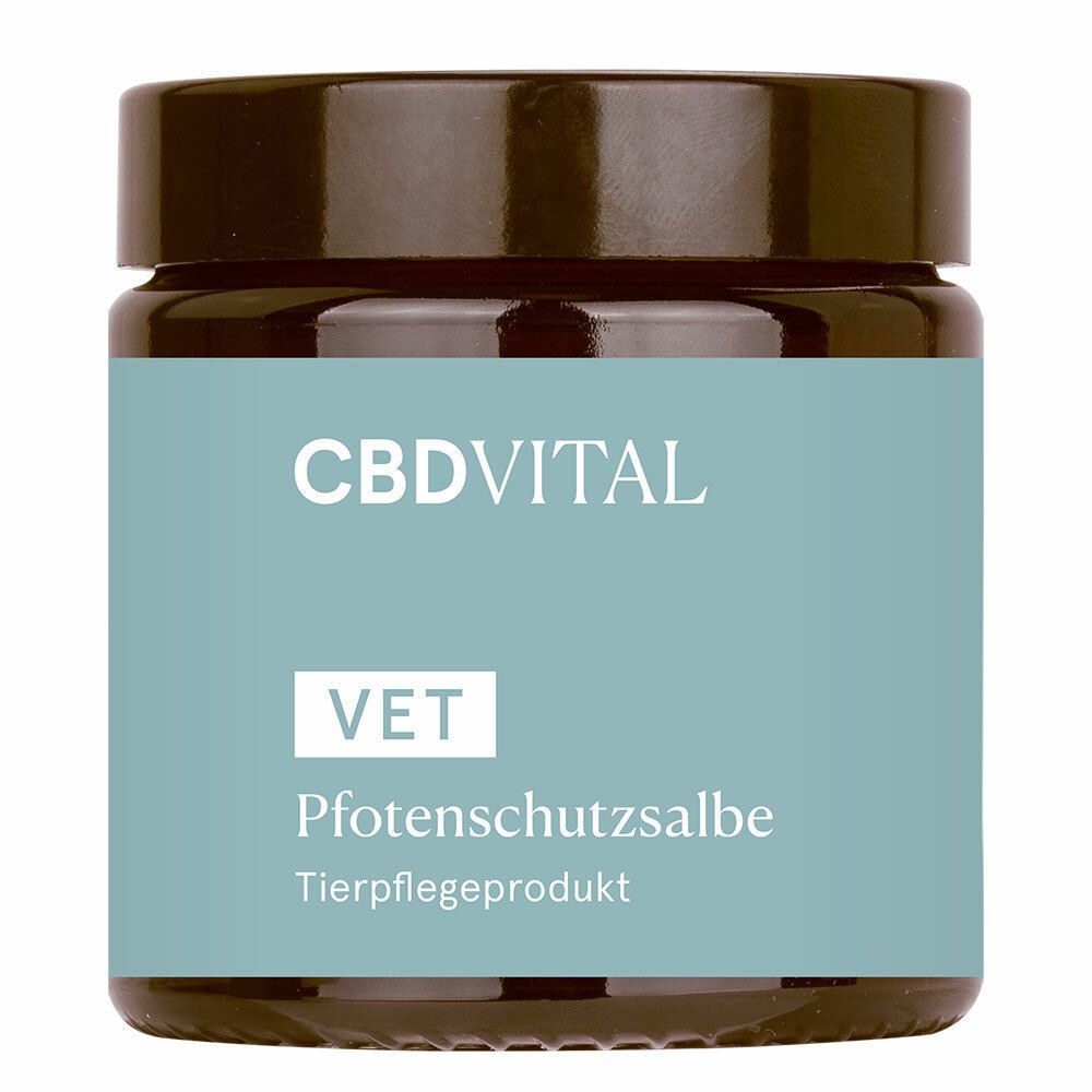 Glasbehälter mit Deckel. Aufkleber mit "CBDVITAL", "VET", "PfotenSchutzsalbe" und "Tierpflegeprodukt".