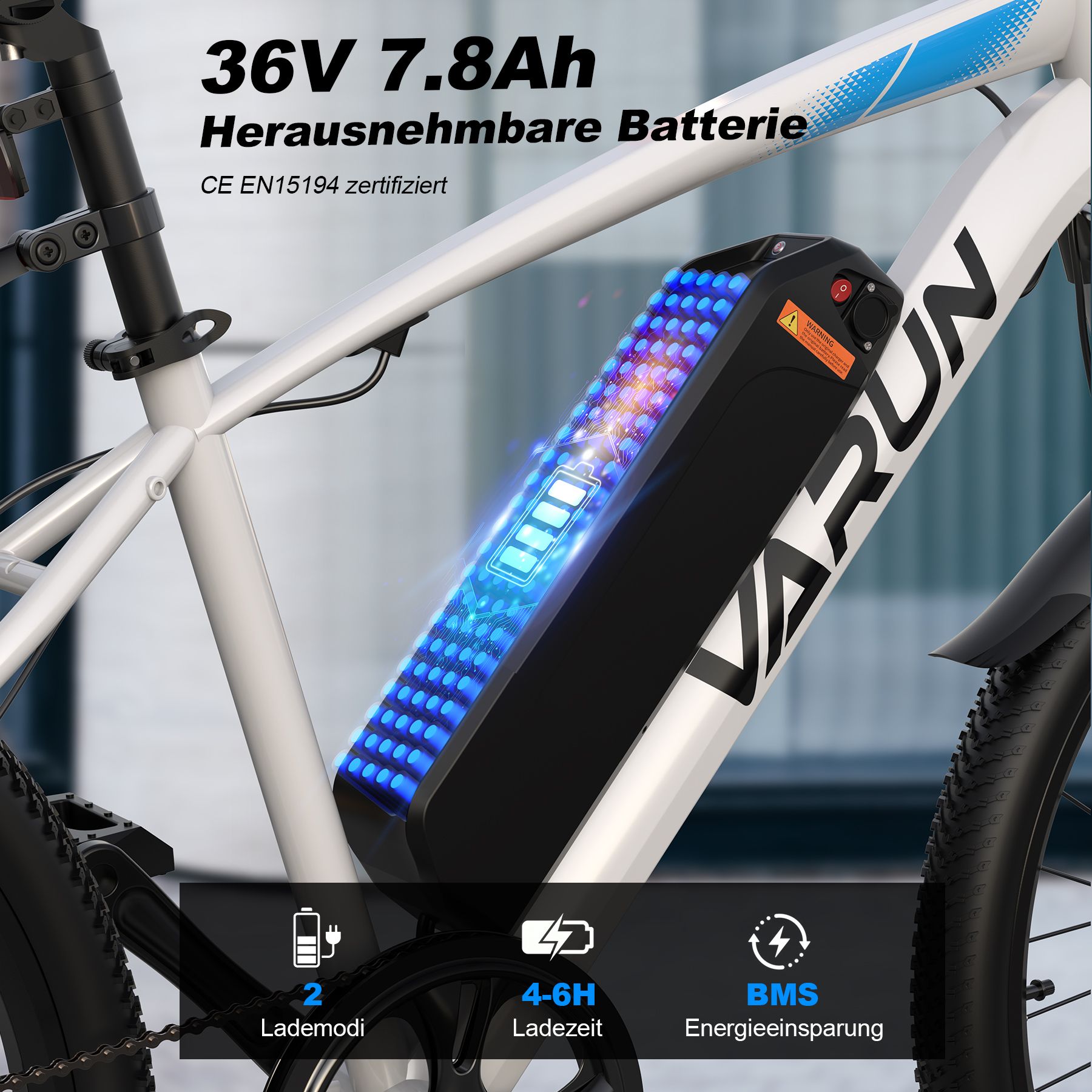 Nahaufnahme des Akkus. 36V 7,8Ah Batterie. CE EN15194 zertifiziert. Ladeanzeige. 2 Lademodi, 4-6h Ladezeit, BMS.