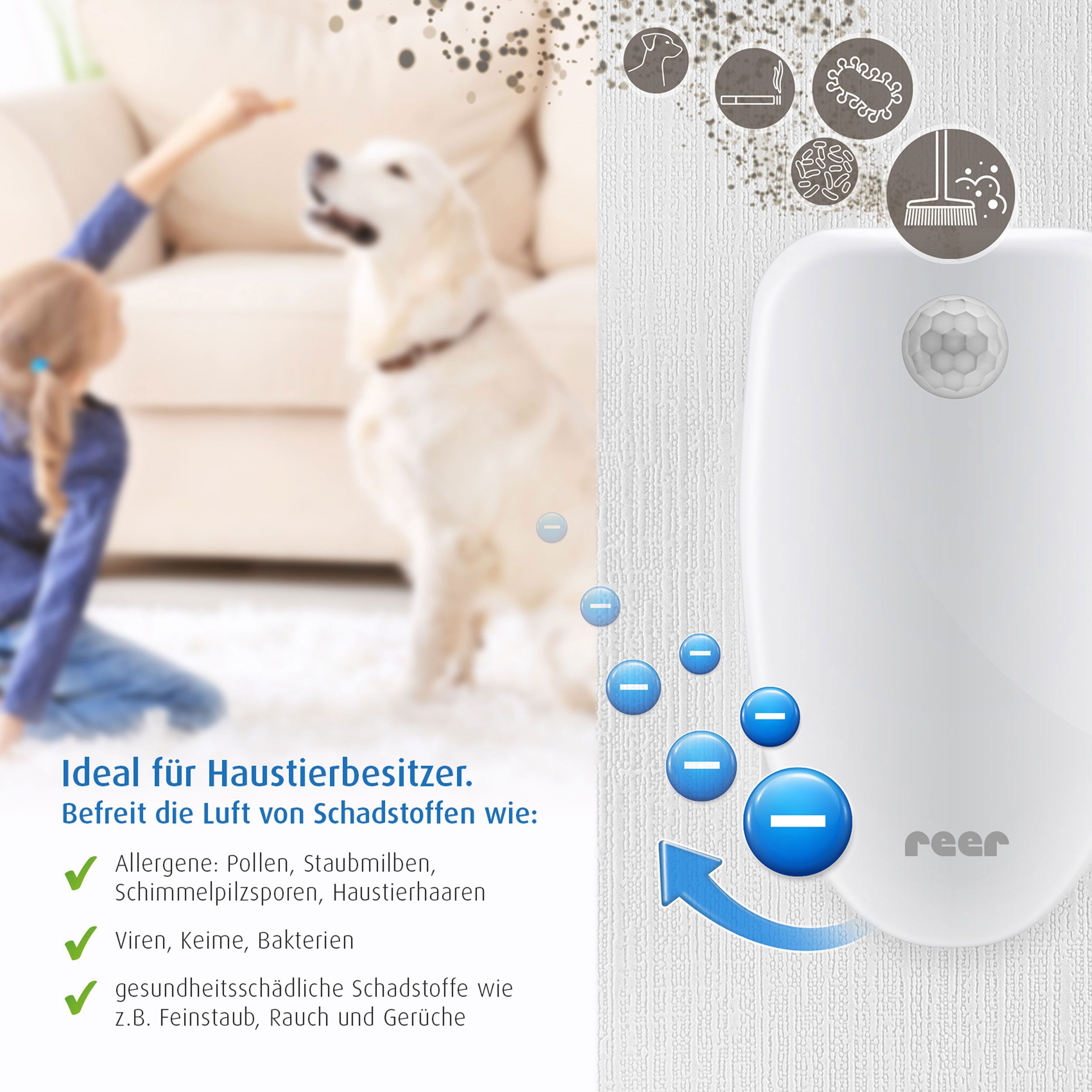 reer PureAir Raumluft-Reiniger, 2in1, Nachtlicht, Bewegungssensor