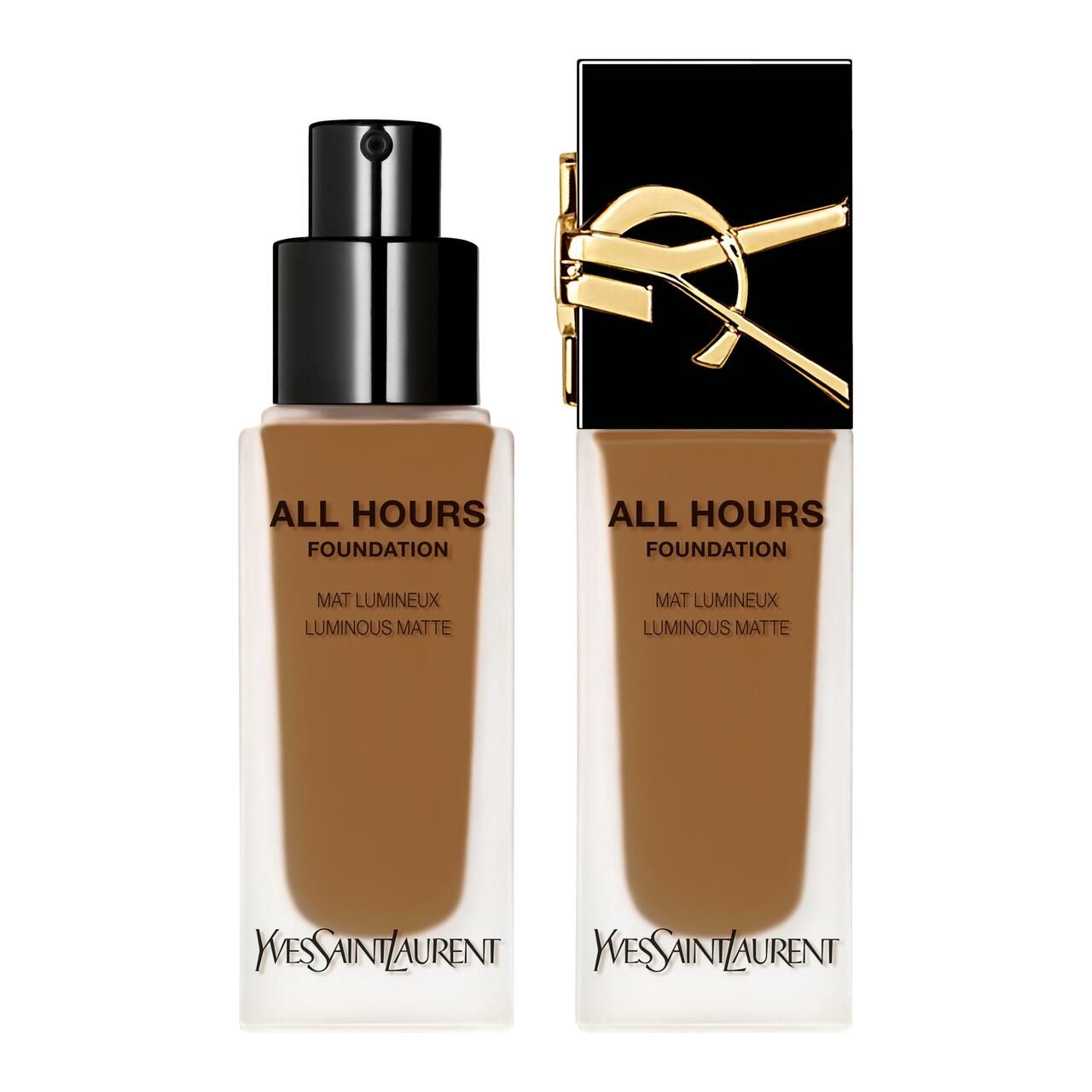 Zwei Flakons Yves Saint Laurent All Hours Foundation. Schwarzer Deckel mit Logo, transparente Flasche mit brauner Flüssigkeit.