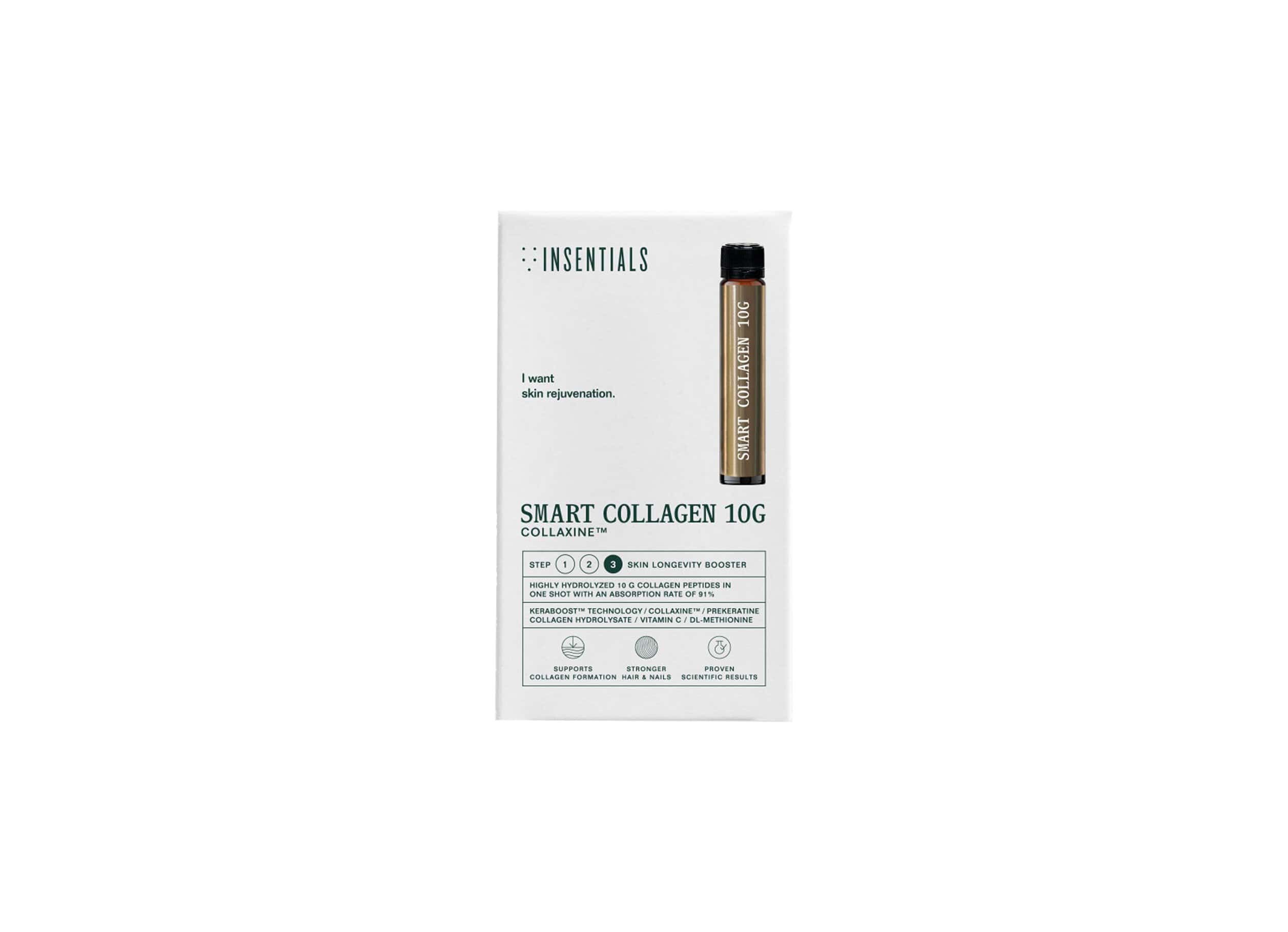 Weiße Verpackung mit einer goldenen Ampulle für Smart Collagen 10g und Produktvorteilen.