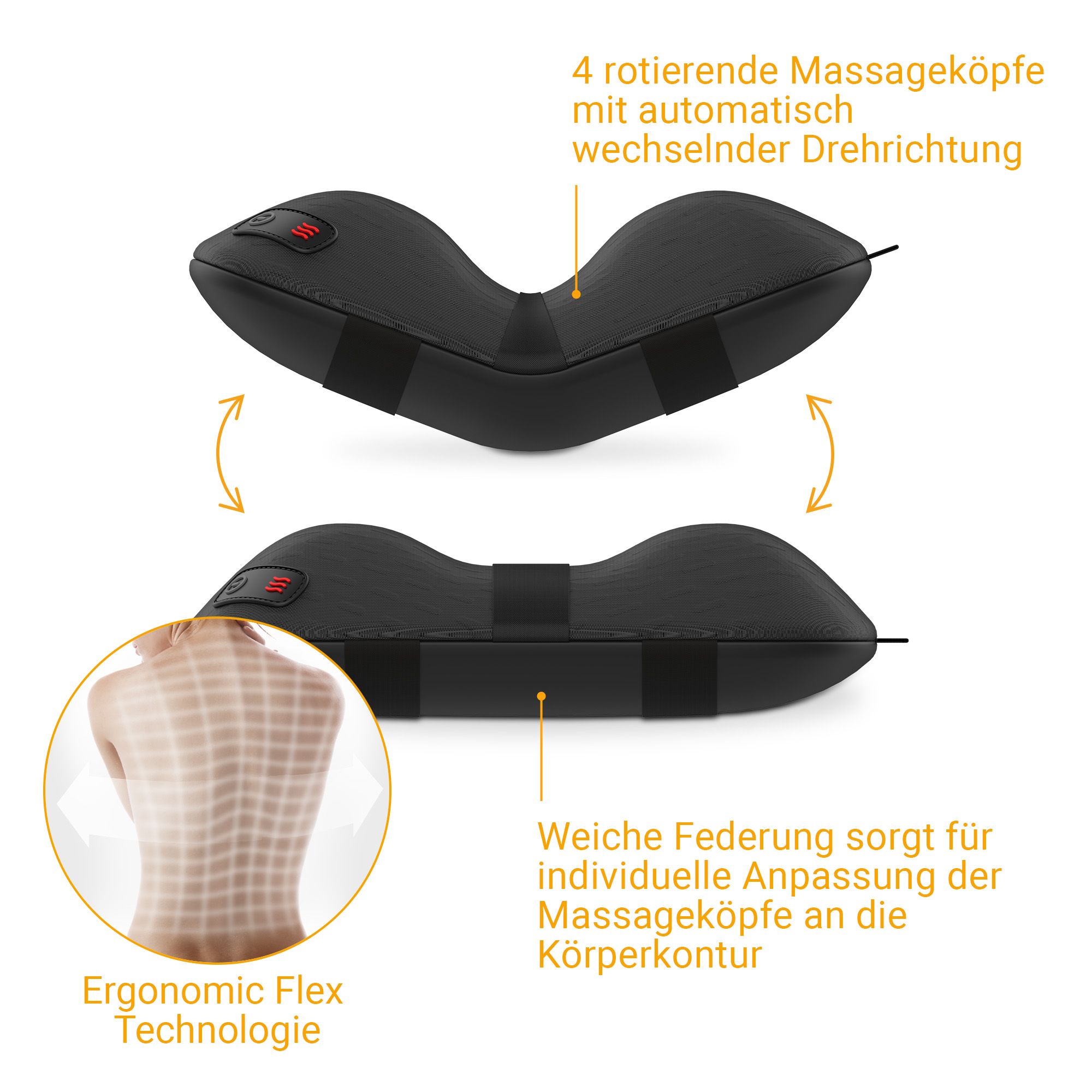 Schwarzes Shiatsu-Massagekissen mit 4 rotierenden Massageköpfen und flexibler Anpassung.