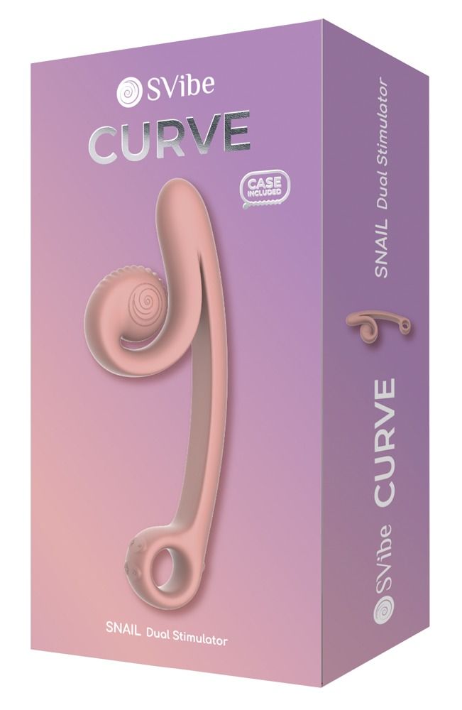 Verpackung mit Produktabbildung. Produktname: SVibe Curve. Text: SNAIL Dual Stimulator. Farbe: Rosa. Mit Case.