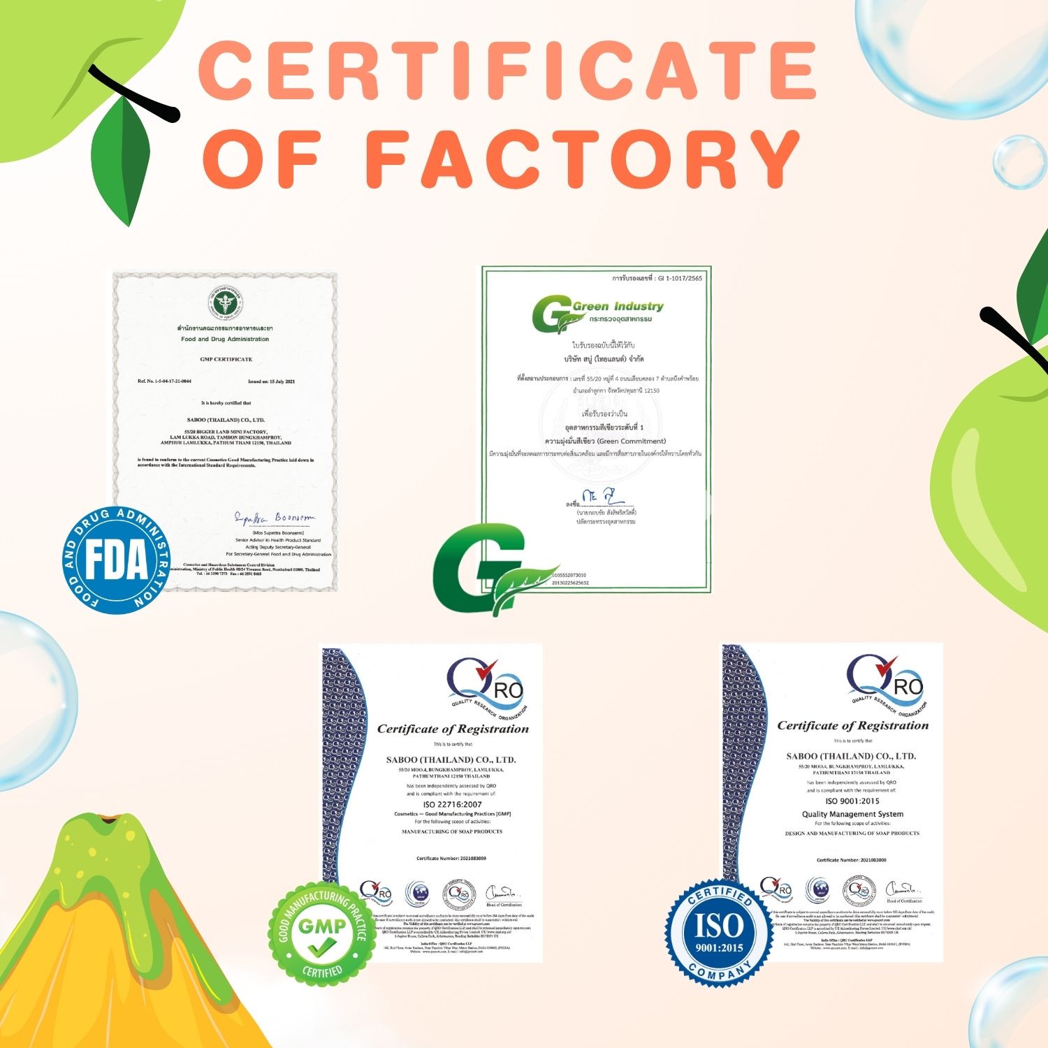 Zertifikate und Qualitätssiegel. FDA, G, QRO. Logos und Text in verschiedenen Sprachen.