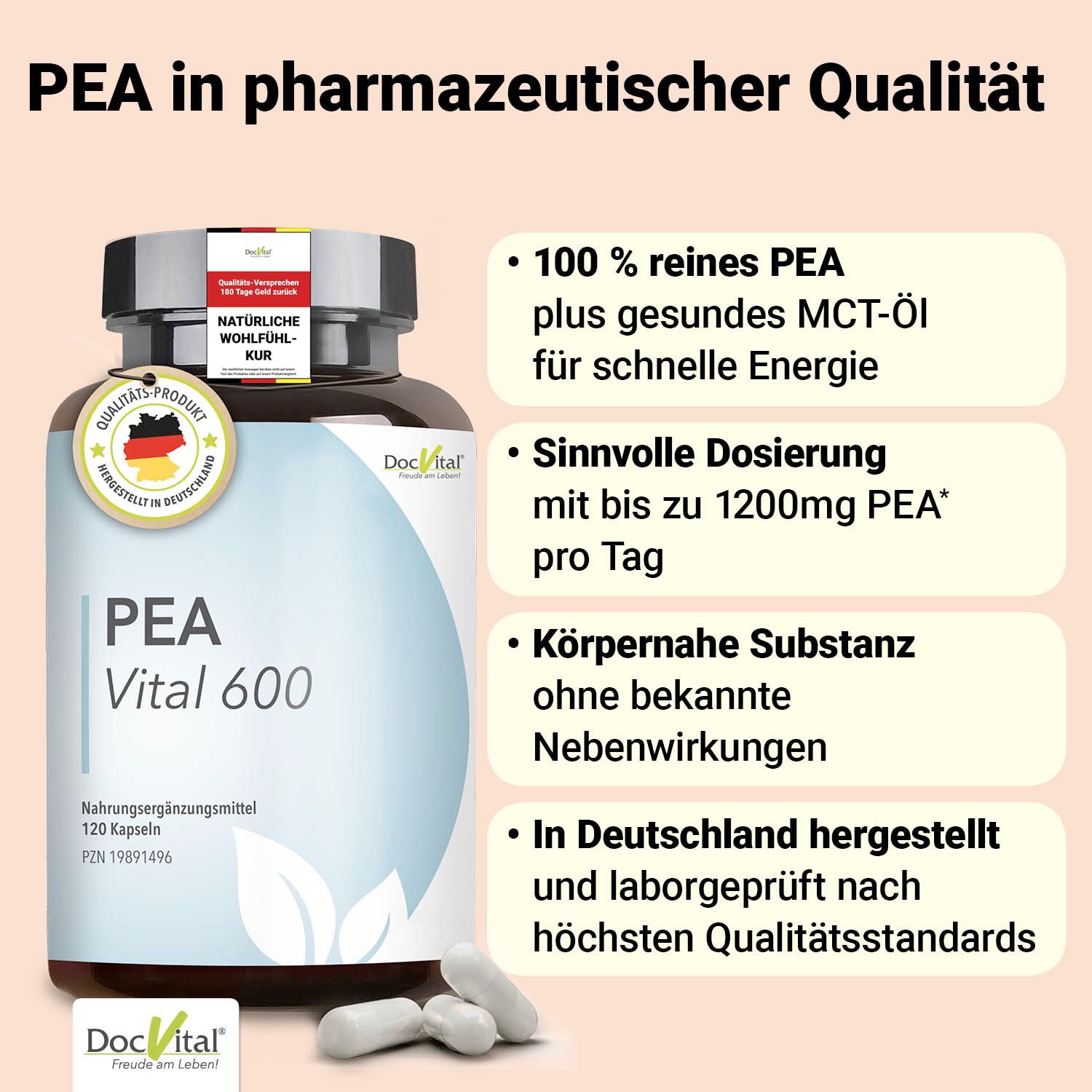 Braune Dose mit PEA Vital 600 Kapseln. Text: PEA in pharmazeutischer Qualität. 100% reines PEA. Sinnvolle Dosierung.