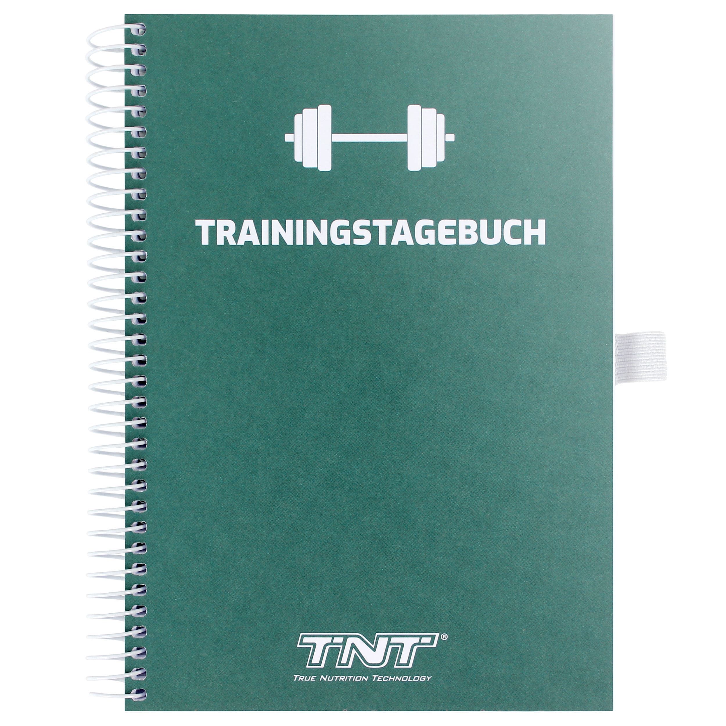 Grünes Trainingsbuch mit weißer Spirale. Titel: TRAININGSTAGEBUCH. Logo: Hantel. Marke: TNT.