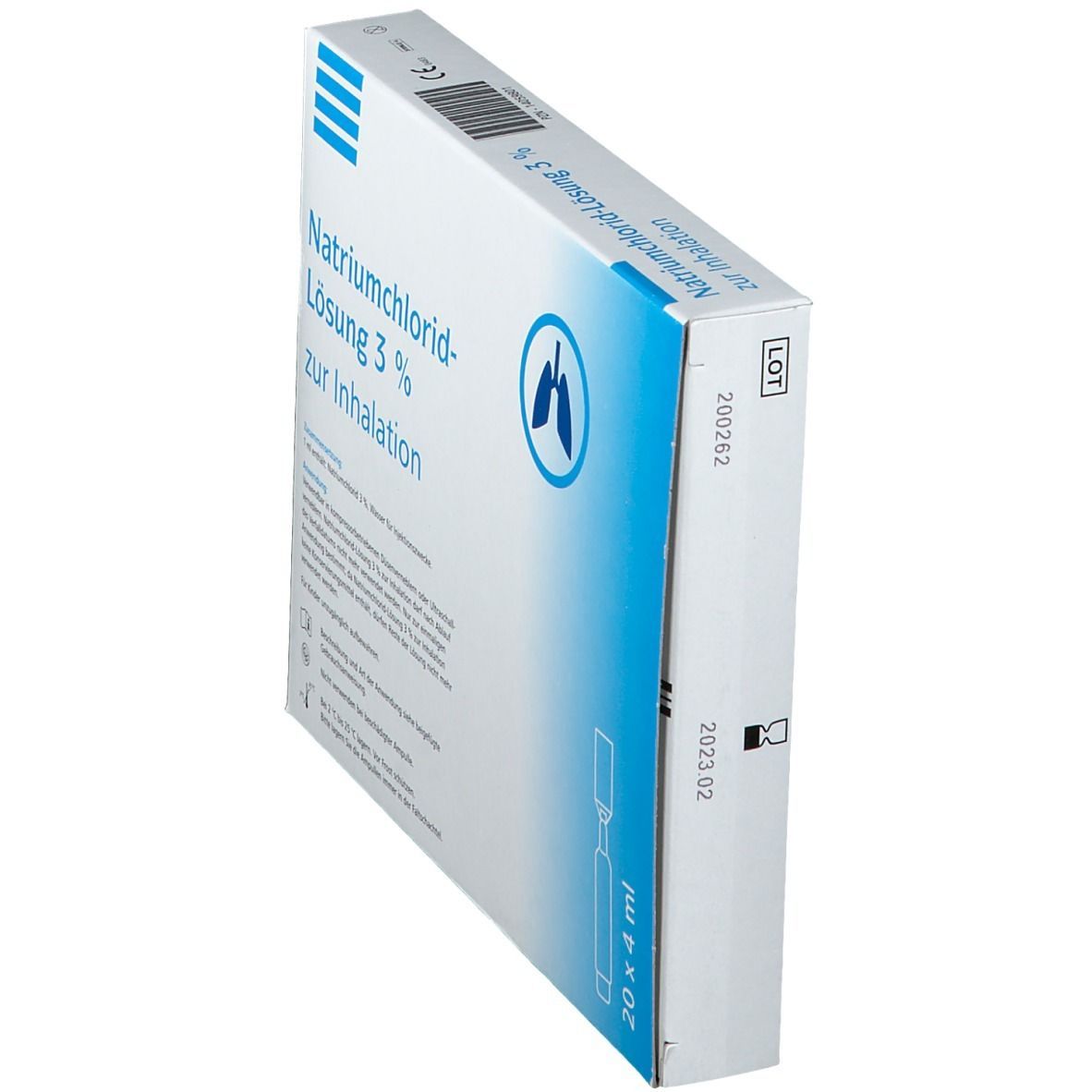 Karton mit Aufschrift Natriumchlorid-Lösung 3% zur Inhalation. Enthält Ampullen. Logo: Lunge. Seitenansicht.