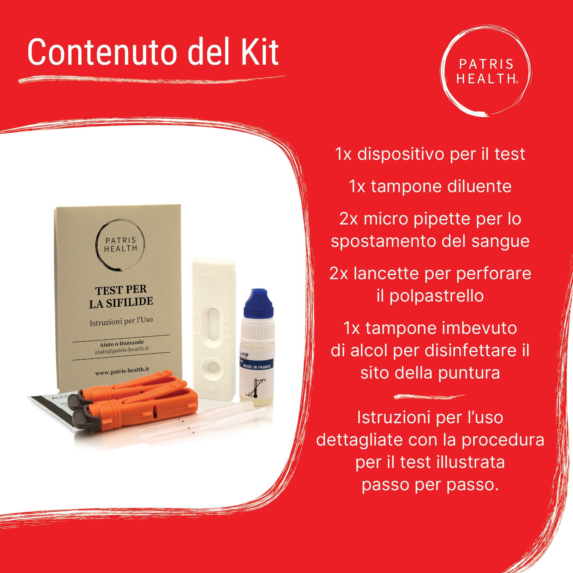 Contenuto del kit: dispositivo di test, tampone diluente, micropipette, lancette, tampone alcolico, istruzioni. Logo: Patris Health.