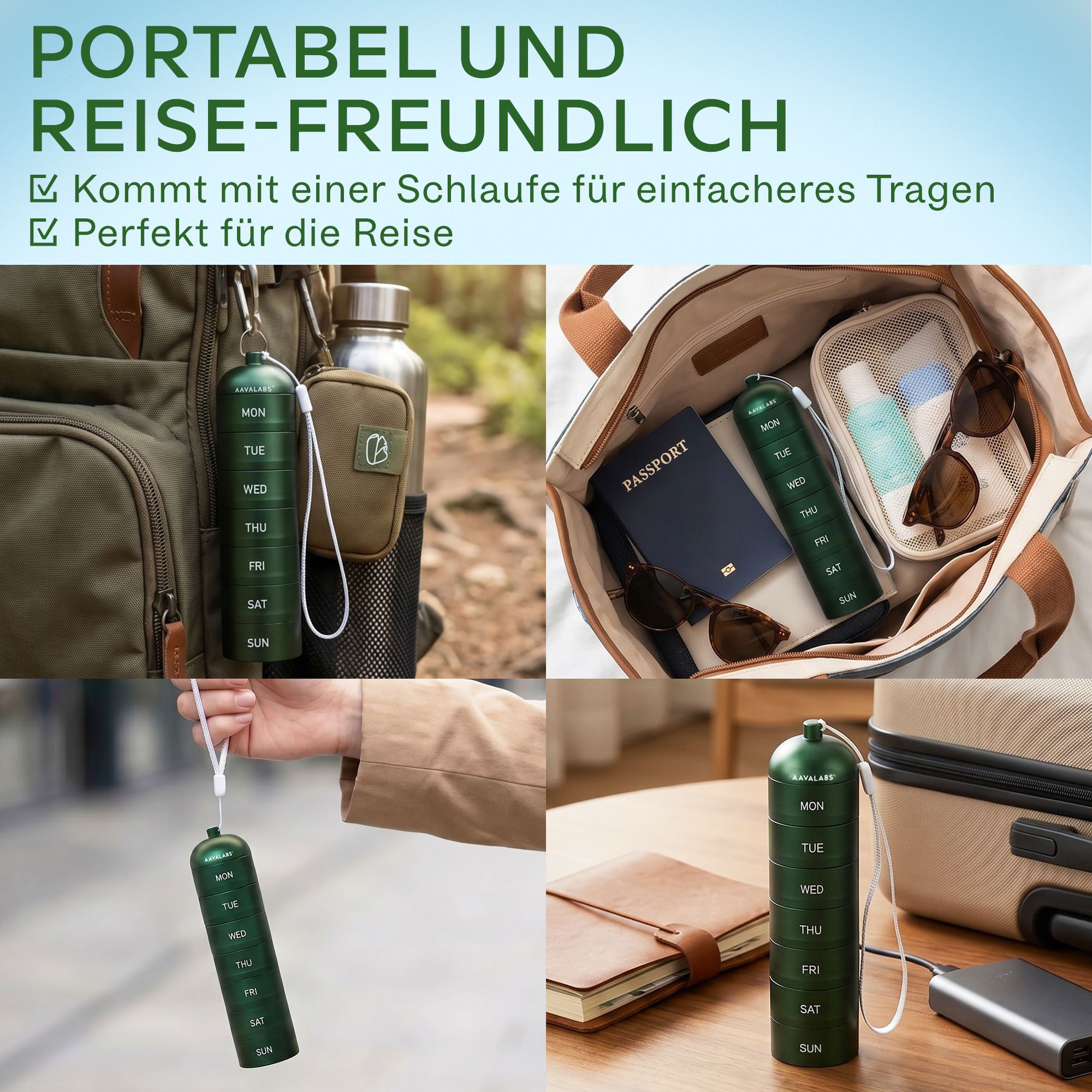 Grüne Pillendose mit 7 Fächern, wasserdicht, gehalten von einer Hand am Strand.