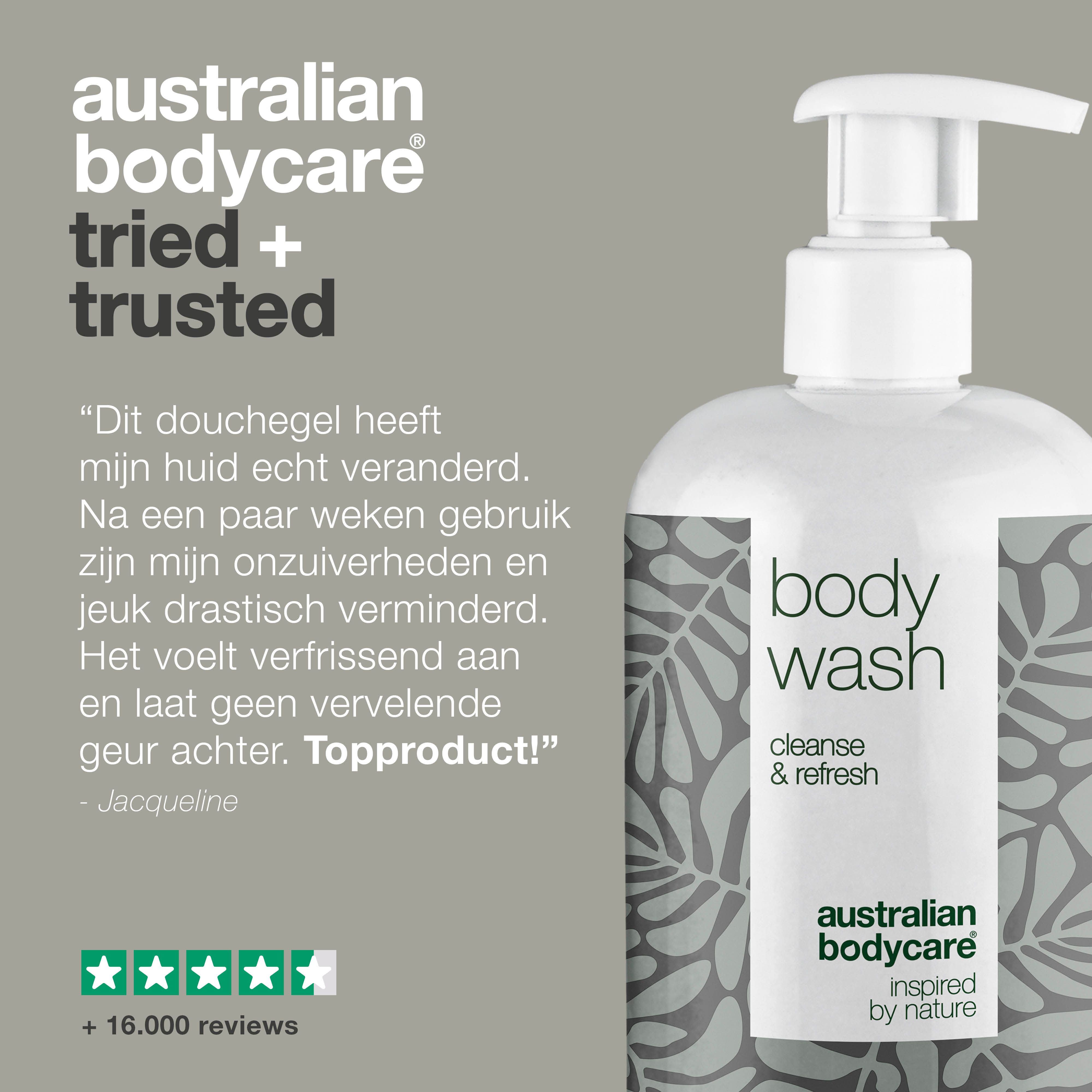 Fles body wash. Tekst: Australian Bodycare tried + trusted. Citaat en 5 sterren beoordeling.