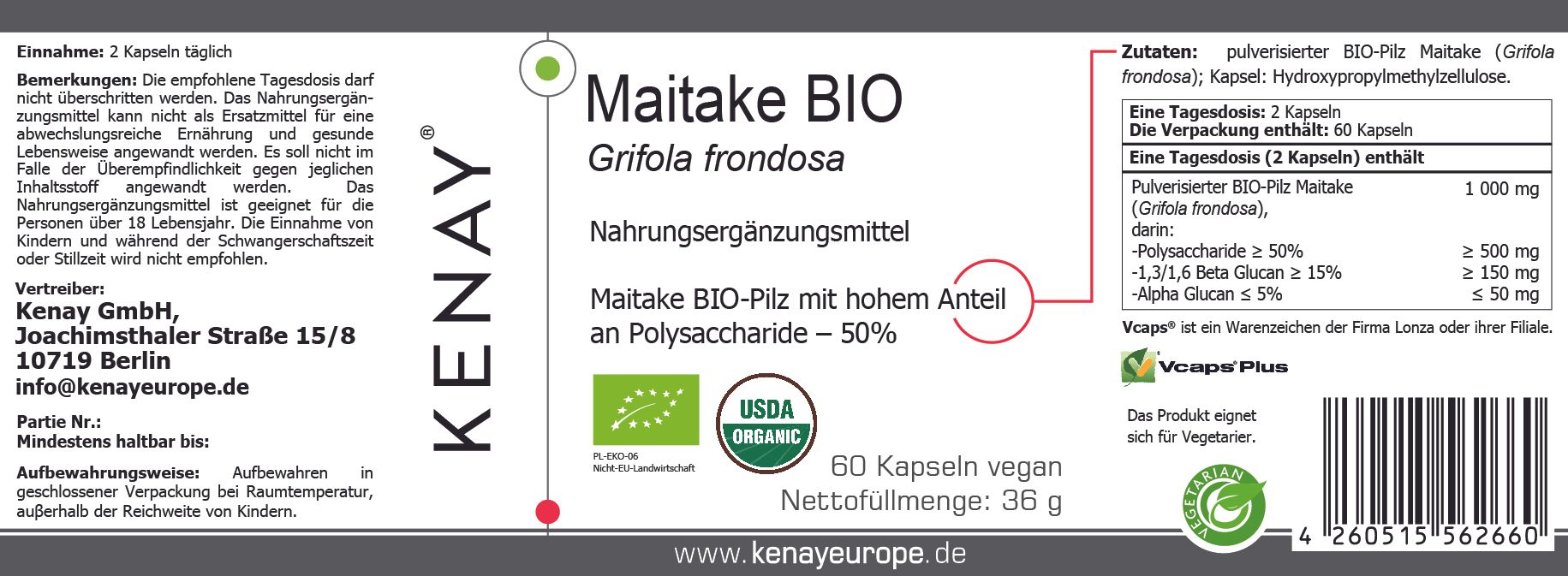 Etikett mit Produktinformationen. "Maitake BIO Grifola frondosa" und "KENAY®" sind sichtbar. Enthält Informationen zu Inhaltsstoffen und Zertifizierungen.
