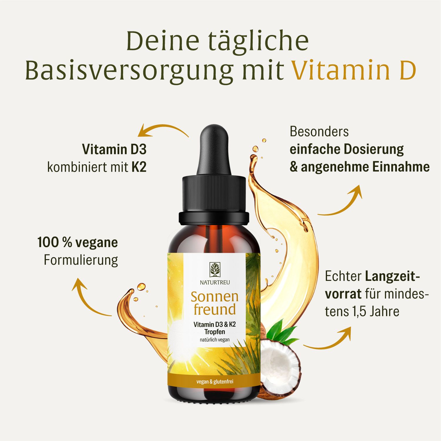 Braune Glasflasche mit Pipette, gefüllt mit Sonnenfreund Vitamin D3 & K2 Tropfen. Umgeben von Ölspritzern und Kokosnuss.