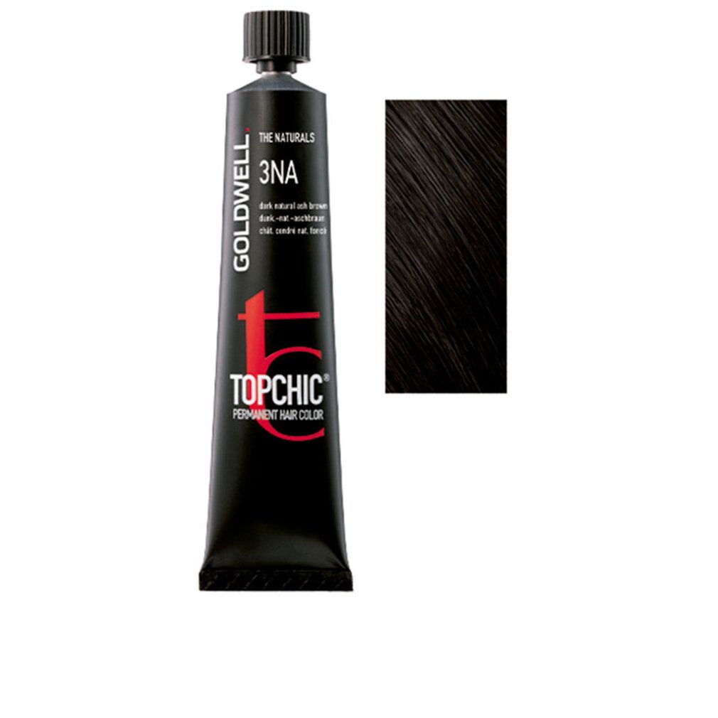 Goldwell Topchic Haarfarbe, 3NA. Dunkel Natur Aschbraun. Tube und Farbmuster. Text: Topchic, Permanent Hair Color.