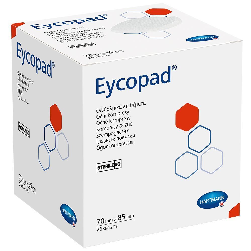 Verpackung von Eycopad. Weißer Karton mit Produktnamen und Logo. Größe 70x85mm. Marke Hartmann.