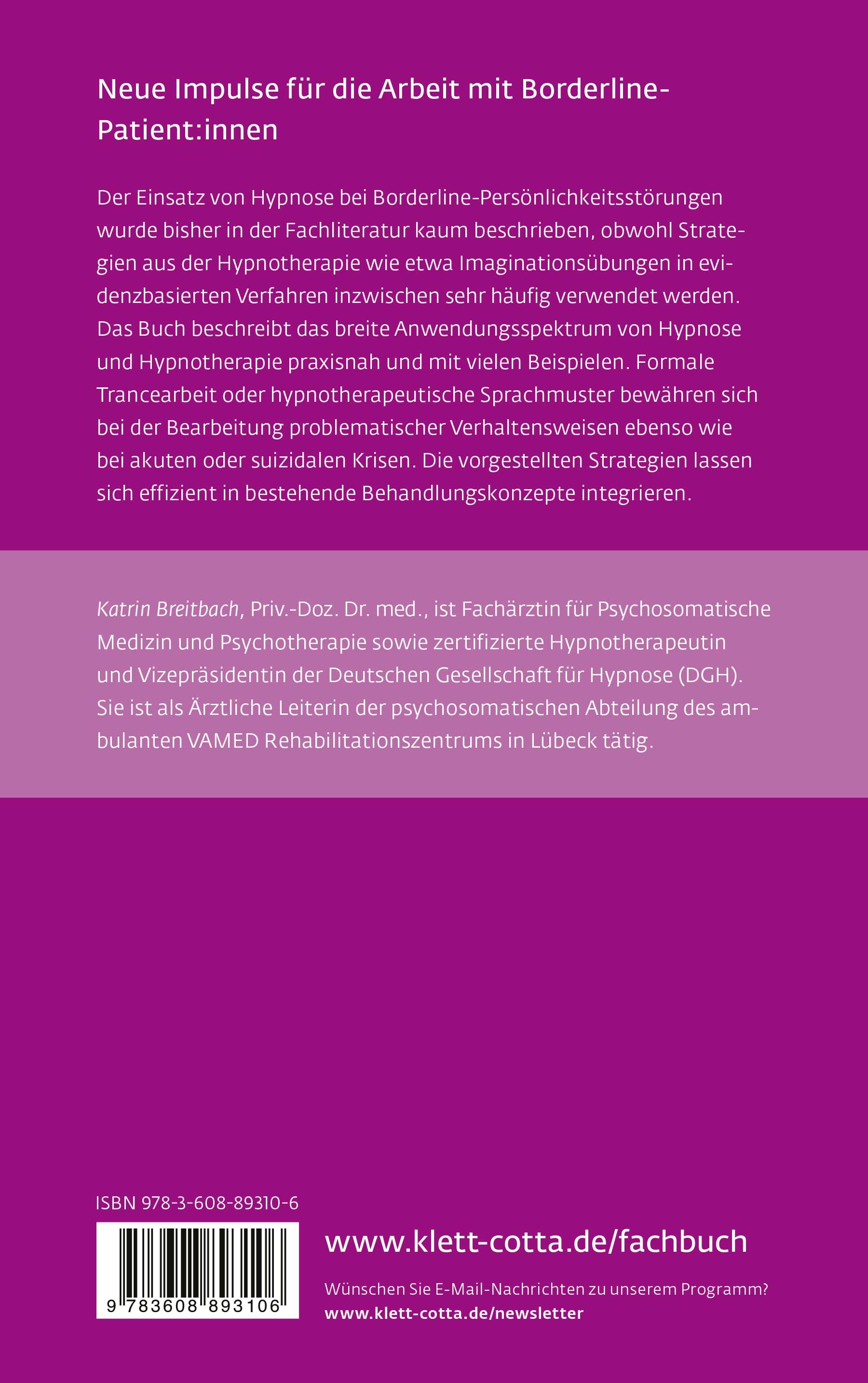 Buchrücken: Titel 'Hypnose bei Borderline-Persönlichkeitsstörungen'. Autorin: Katrin Breitbach. Verlag: Klett-Cotta. ISBN-Code.