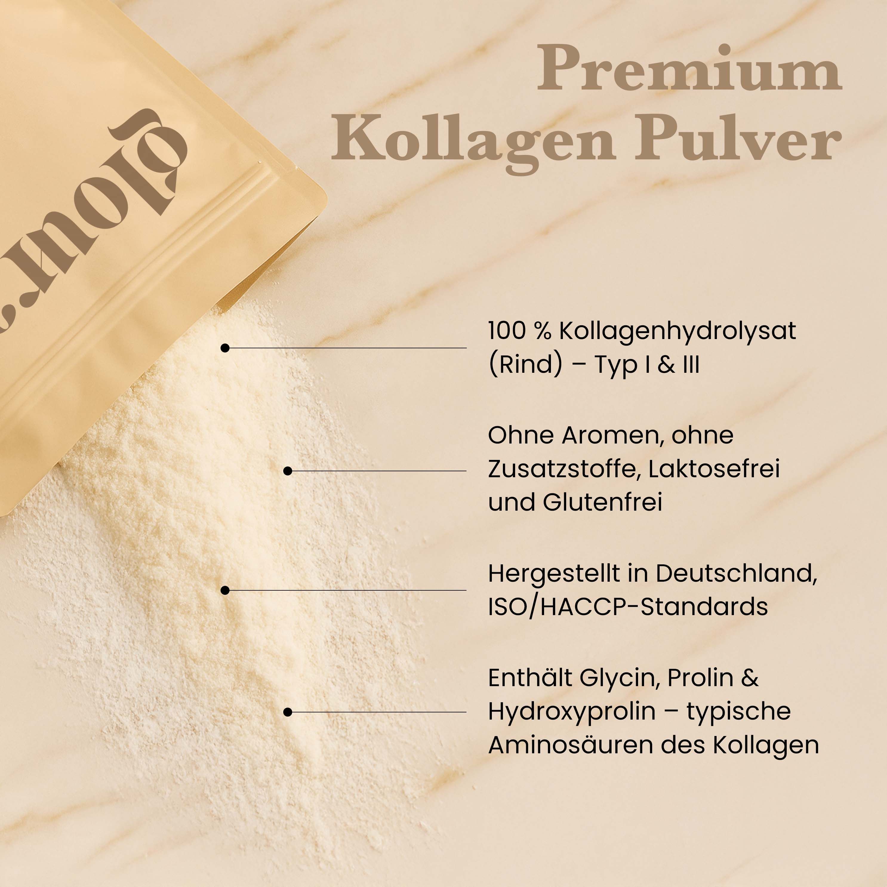 Nahaufnahme der Packung und Pulver. Text: 100% Kollagenhydrolysat (Rind) - Typ I & III.