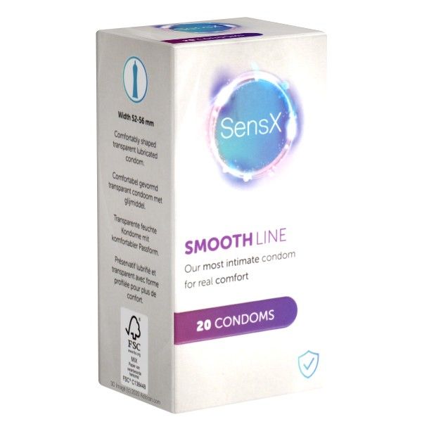 Scatola bianca SensX Smooth Line con 20 preservativi. Logo FSC. Illustrazione di un preservativo. Testo: "Our most intimate condom".
