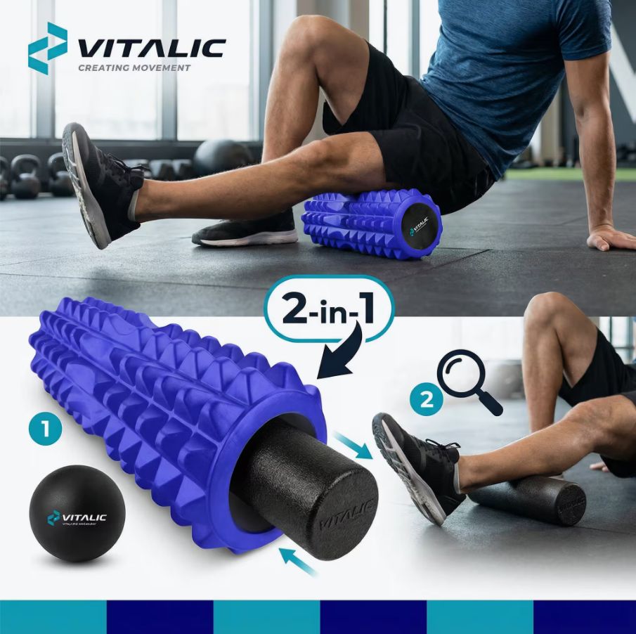 Blau geriffelte Rolle und schwarze Kugel. 2-in-1-Funktion. Mann benutzt die Rolle am Bein.