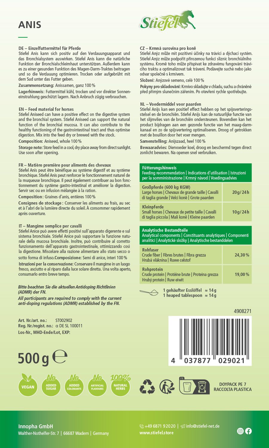 Rückseite der Stiefel Anis Verpackung. Text in mehreren Sprachen. Enthält Informationen zu Inhaltsstoffen, Fütterungsempfehlungen und analytischen Bestandteilen.