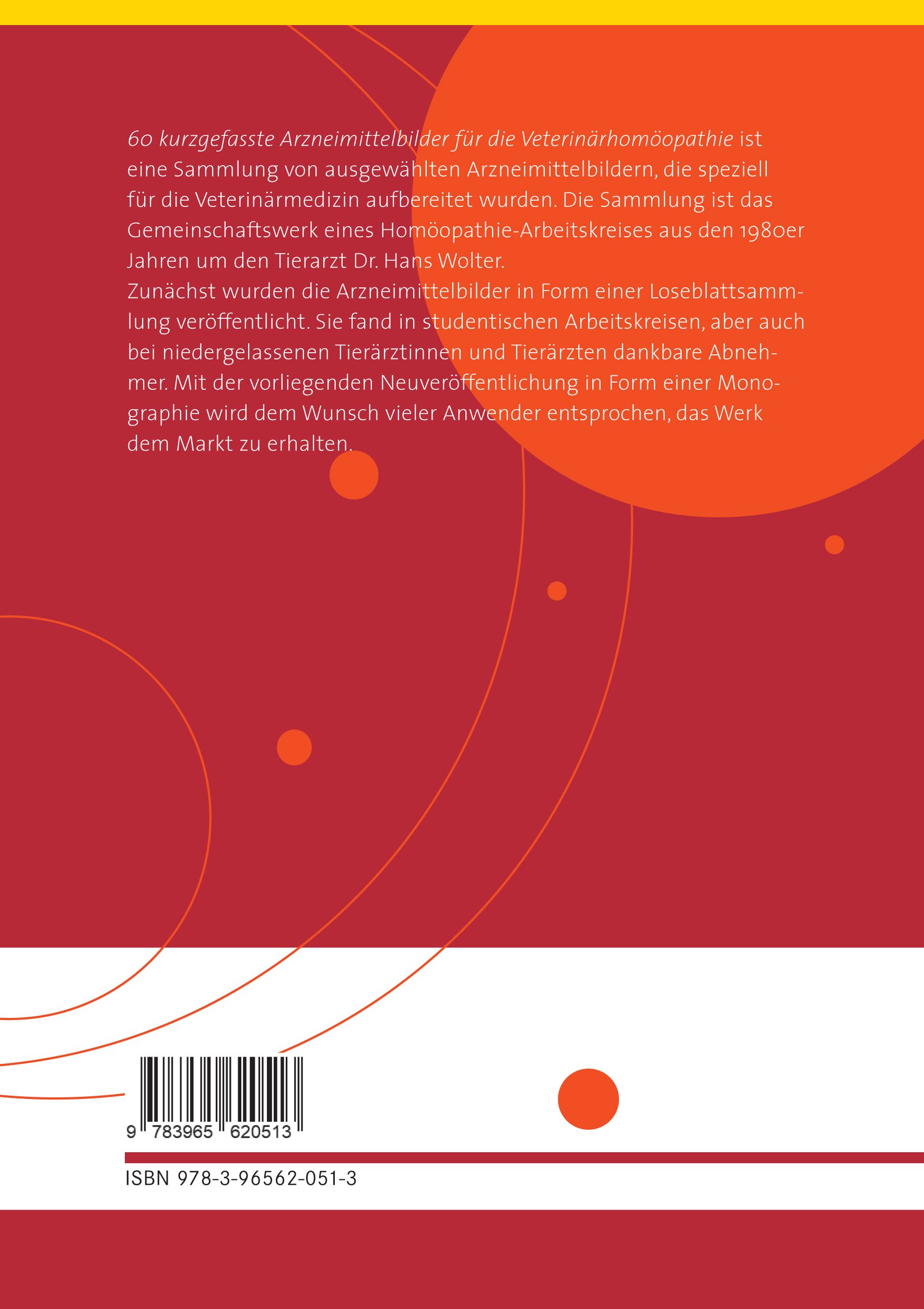 Buchrückseite: Text über "60 kurzgefasste Arzneimittelbilder für die Veterinärhomöopathie". Roter Hintergrund, ISBN-Code.