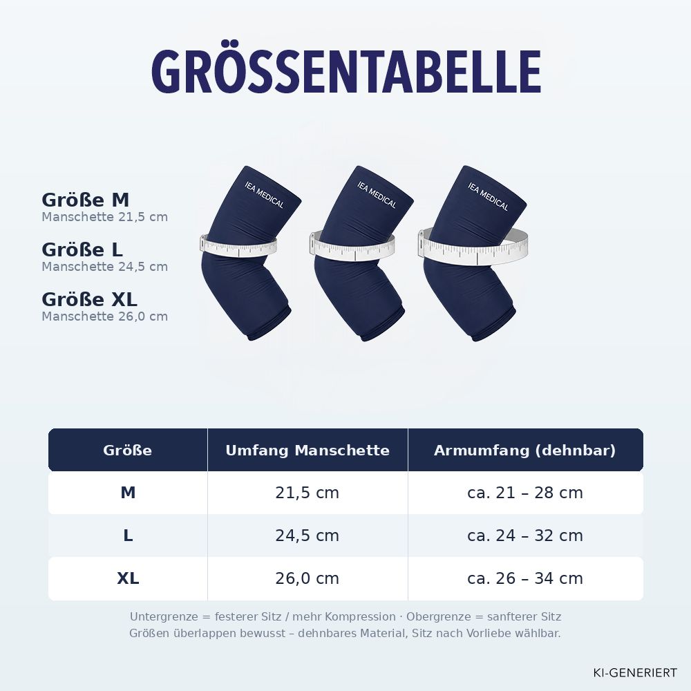 Grössentabelle für Kühlmanschetten: M, L, XL mit Massen und Armumfängen.
