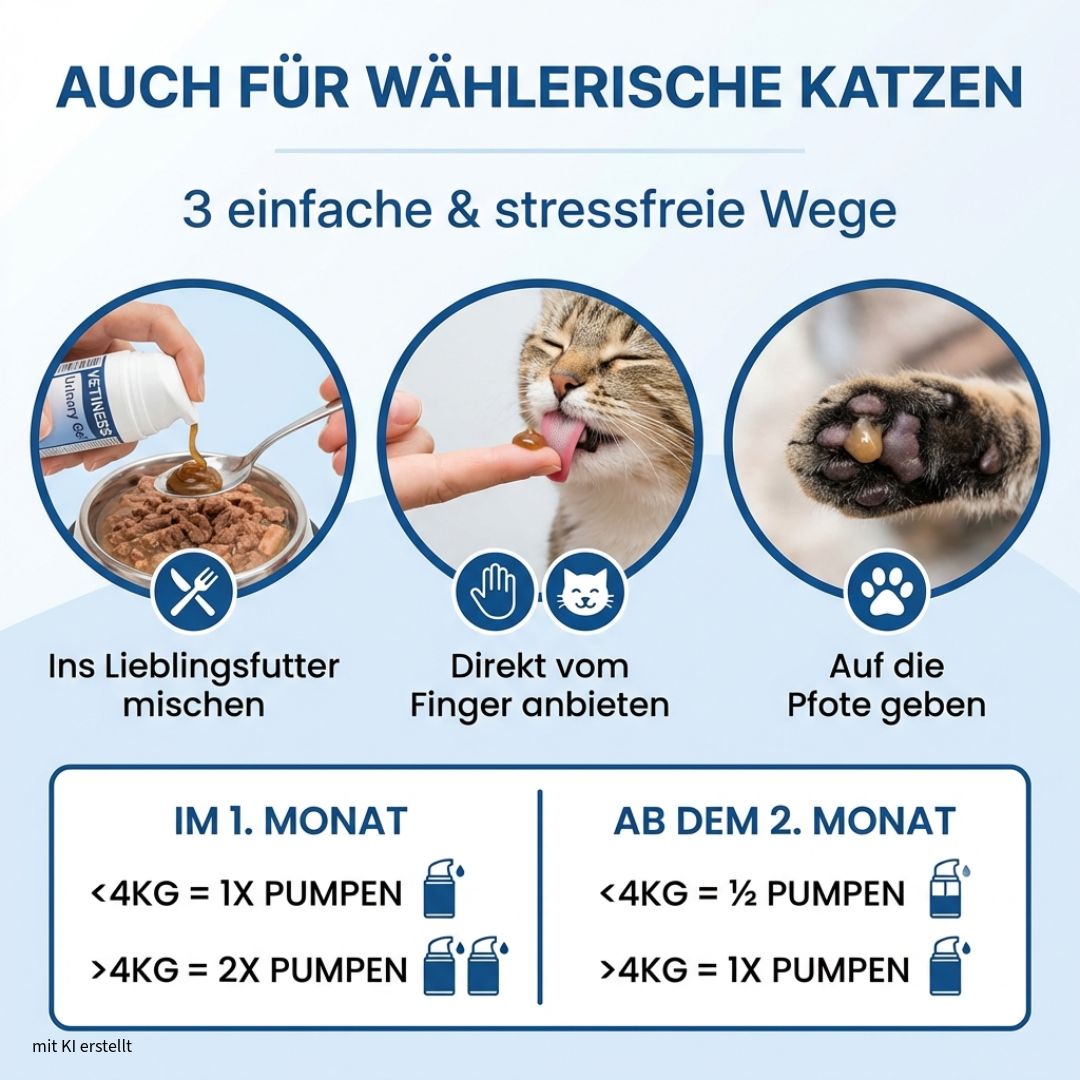Drei Anwendungsbeispiele: Gel in Futter, auf Finger, auf Pfote. Dosierungsempfehlung für Katzen unter und über 4 kg.