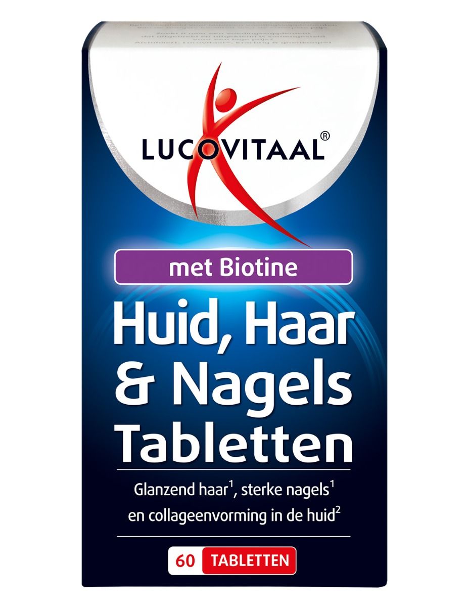 Verpackung von Lucovitaal Huid, Haar & Nagels Tabletten mit Biotin. Enthält 60 Tabletten. Blaue Verpackung mit Produktinformationen.