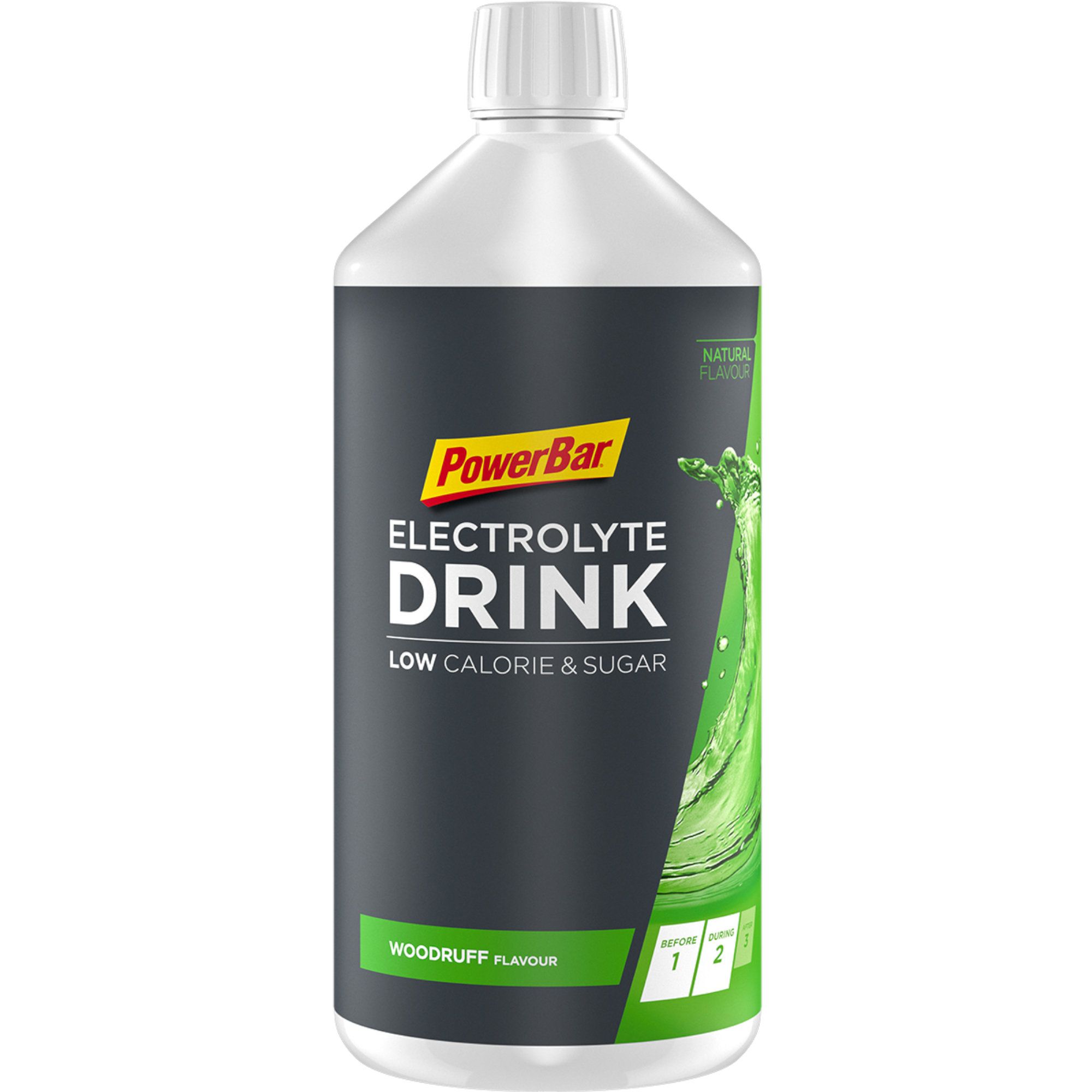 Eine Flasche PowerBar Electrolyte Drink. Schwarzes Etikett mit weißer Schrift. Waldmeister-Geschmack. Kalorien- und Zuckerarm.